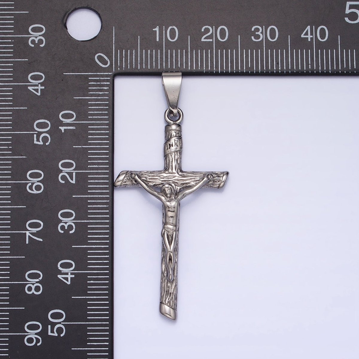 Stainless Steel INRI Crucifix Jesus Wood-Textured Cross 50mm Pendant in Gold & Silver J-812 J-813 - DLUXCA