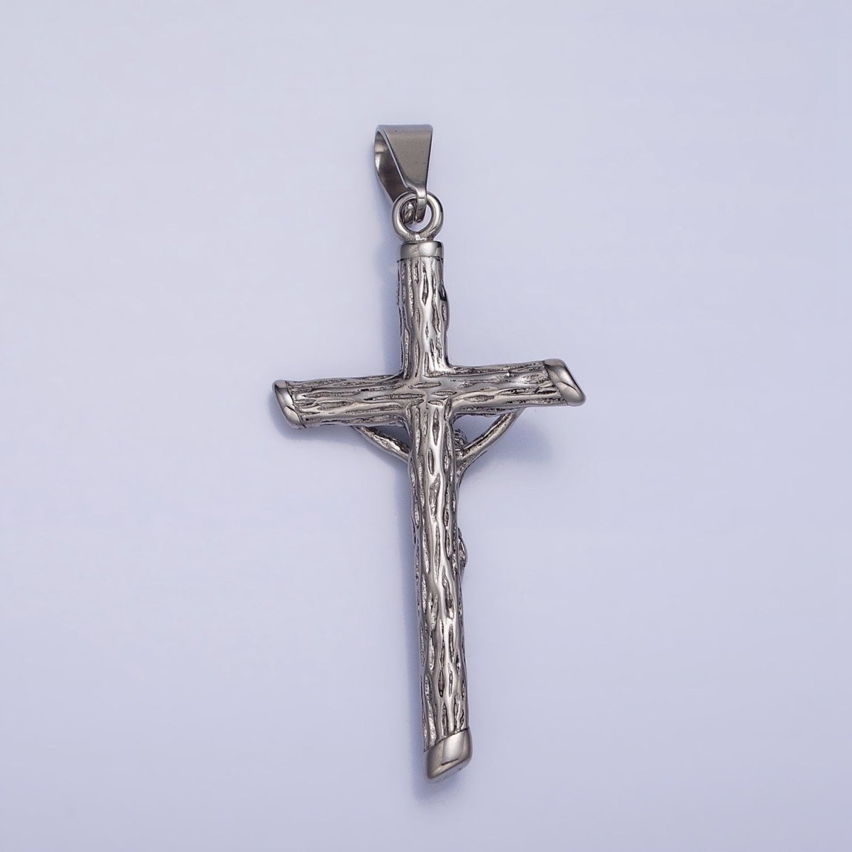 Stainless Steel INRI Crucifix Jesus Wood-Textured Cross 50mm Pendant in Gold & Silver J-812 J-813 - DLUXCA