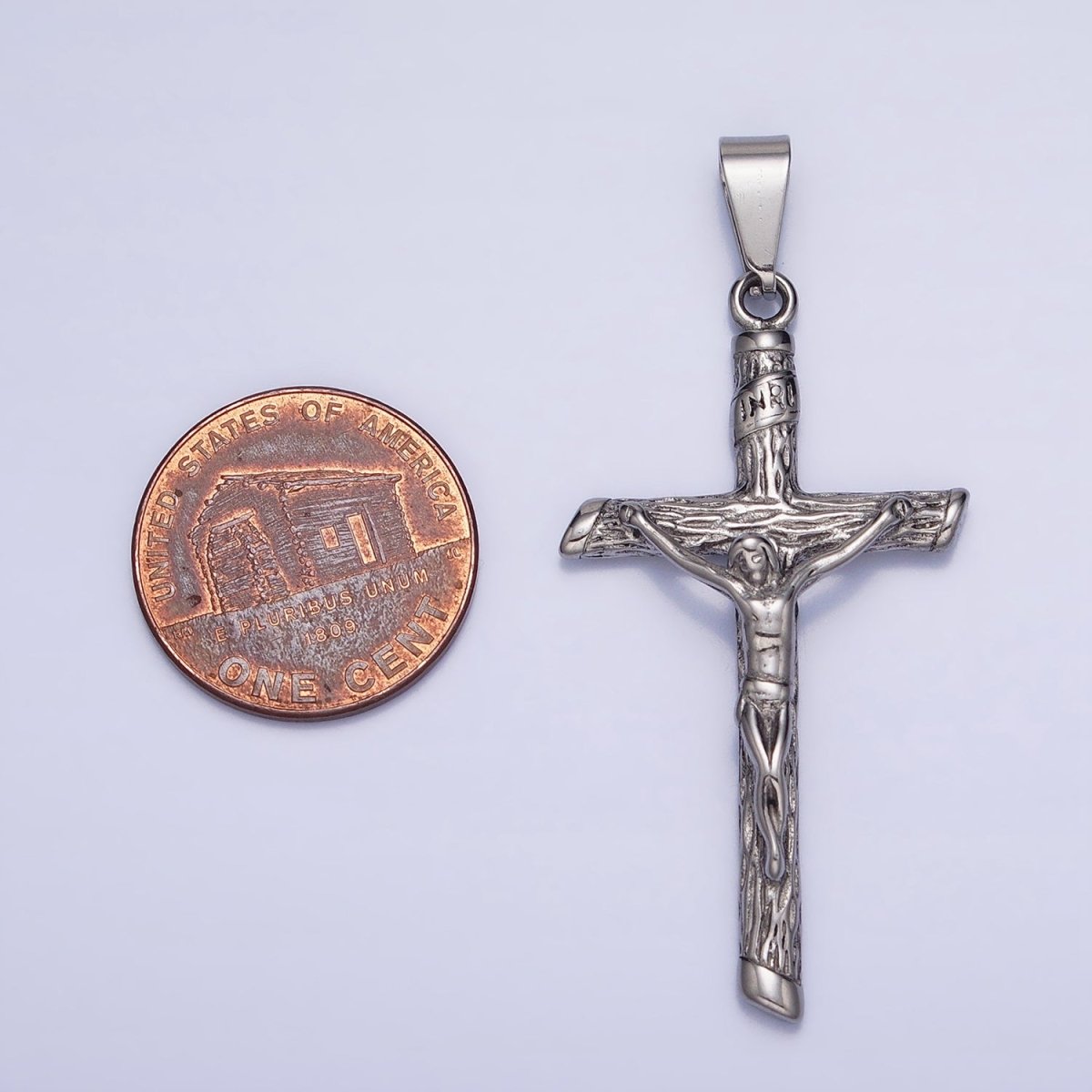 Stainless Steel INRI Crucifix Jesus Wood-Textured Cross 50mm Pendant in Gold & Silver J-812 J-813 - DLUXCA