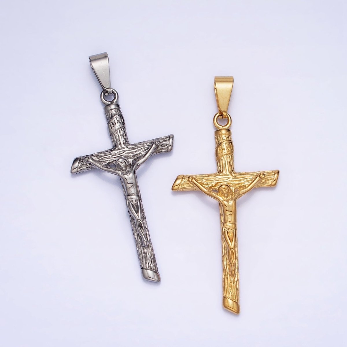 Stainless Steel INRI Crucifix Jesus Wood-Textured Cross 50mm Pendant in Gold & Silver J-812 J-813 - DLUXCA