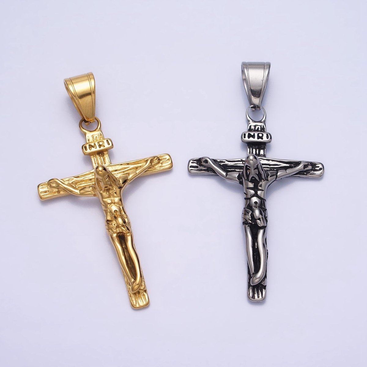 Stainless Steel INRI Jesus Crucifix Wood-Textured Religious Cross Pendant in Gold & Silver | P-1112 - DLUXCA