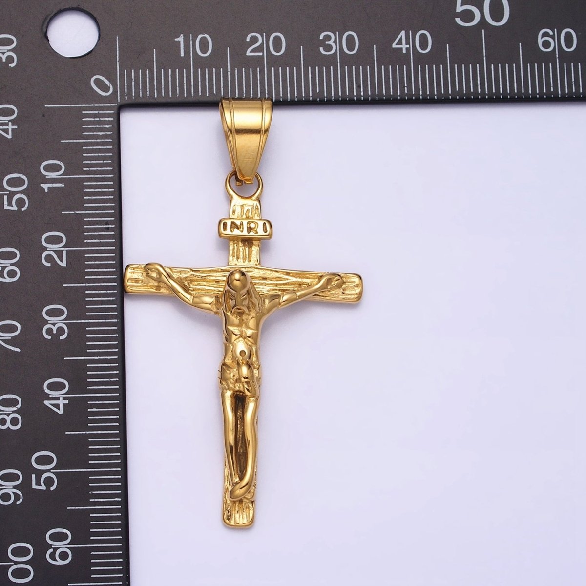 Stainless Steel INRI Jesus Crucifix Wood-Textured Religious Cross Pendant in Gold & Silver | P-1112 - DLUXCA