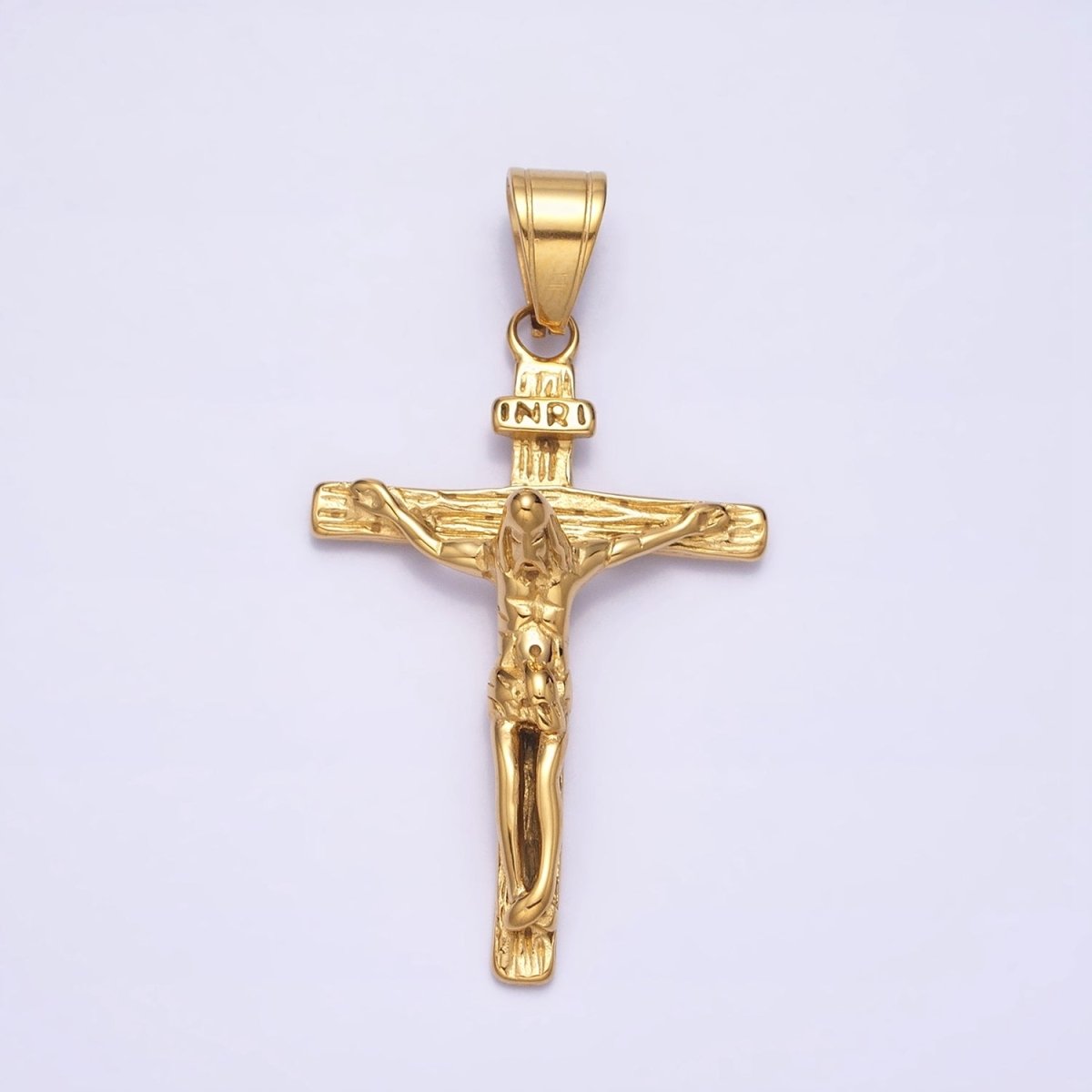 Stainless Steel INRI Jesus Crucifix Wood-Textured Religious Cross Pendant in Gold & Silver | P-1112 - DLUXCA