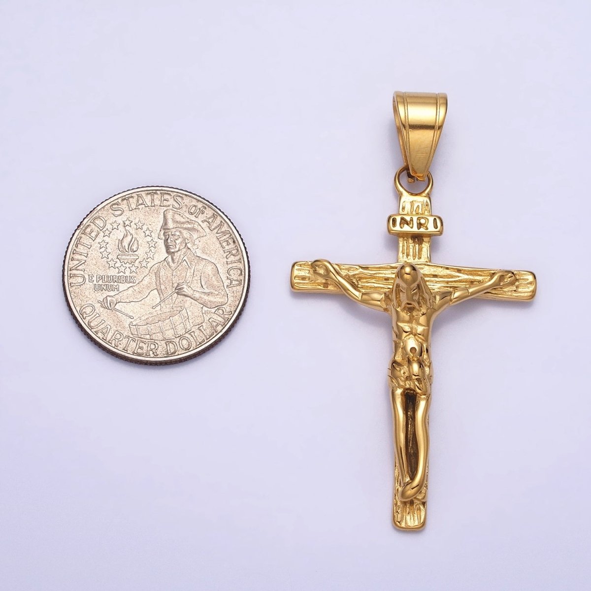 Stainless Steel INRI Jesus Crucifix Wood-Textured Religious Cross Pendant in Gold & Silver | P-1112 - DLUXCA