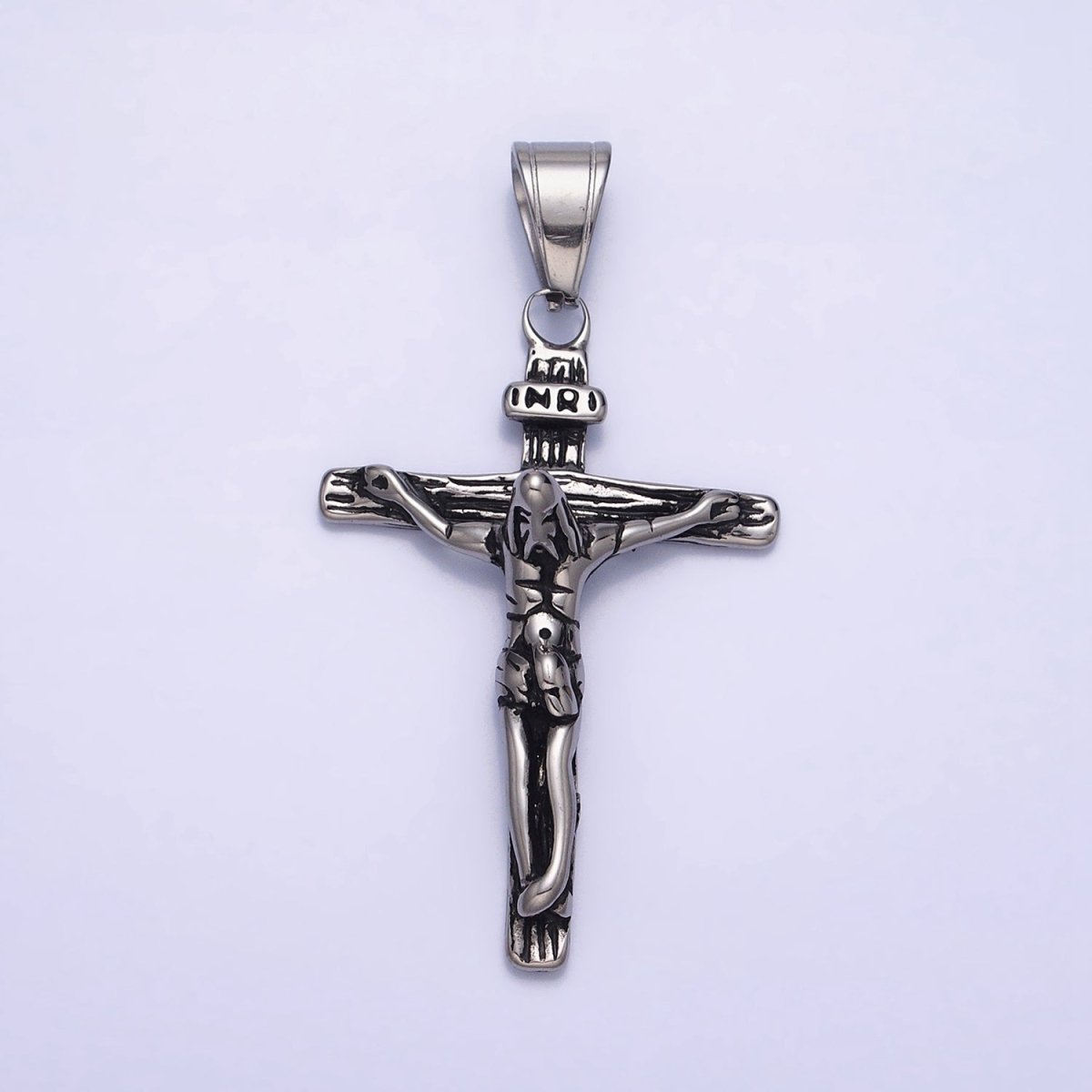 Stainless Steel INRI Jesus Crucifix Wood-Textured Religious Cross Pendant in Gold & Silver | P-1112 - DLUXCA