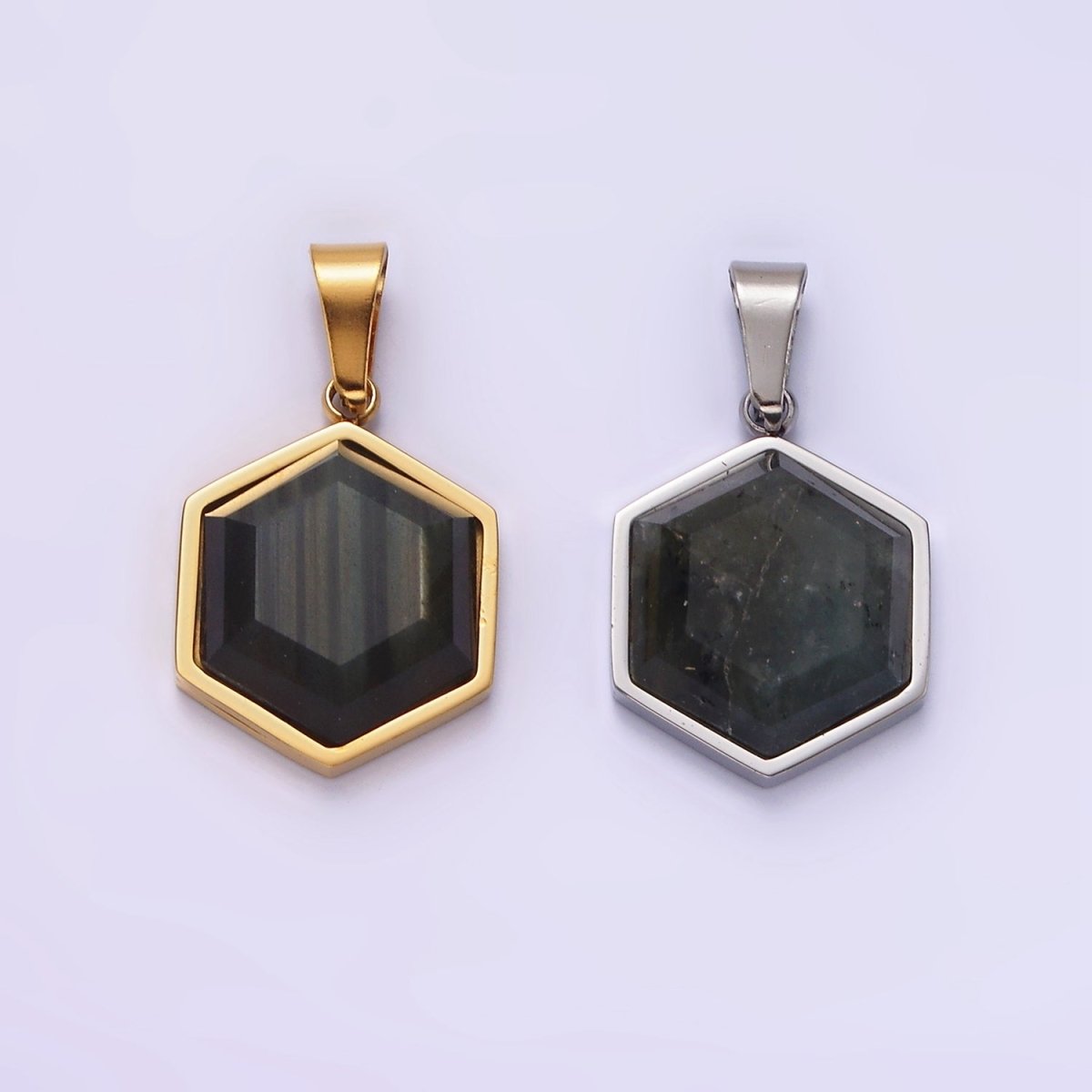 Stainless Steel Labradorite Hexagonal Bezel Pendant in Gold & Silver | P1052 P1053 - DLUXCA