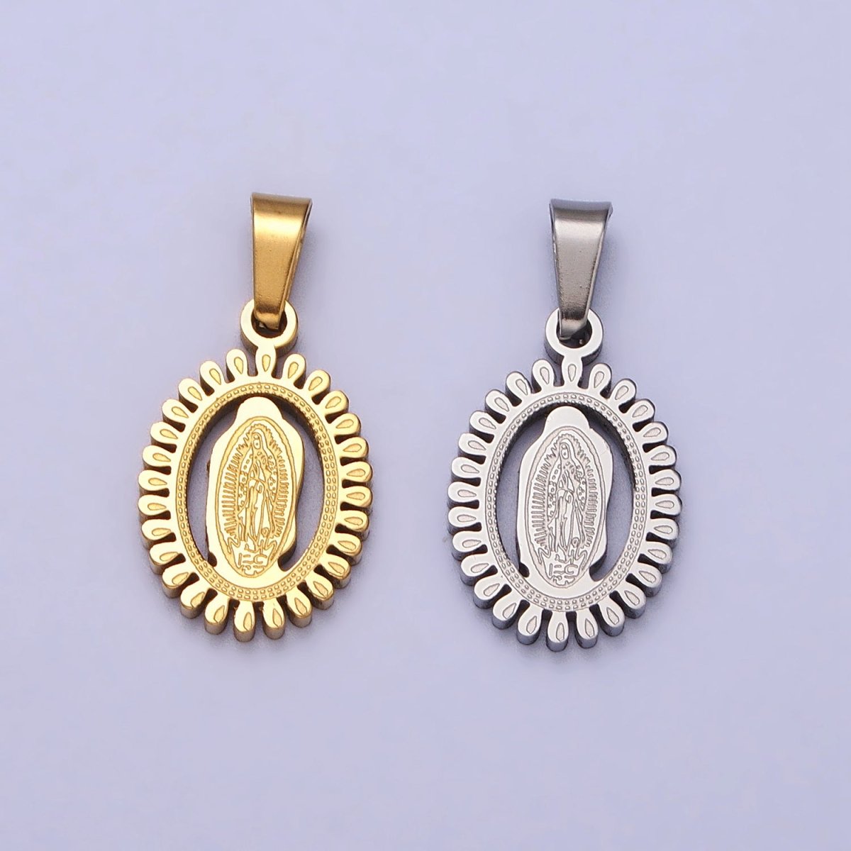 Stainless Steel Lady Guadalupe Virgin Mary Open Oval Pendant in Gold & Silver J-626 J-639 - DLUXCA