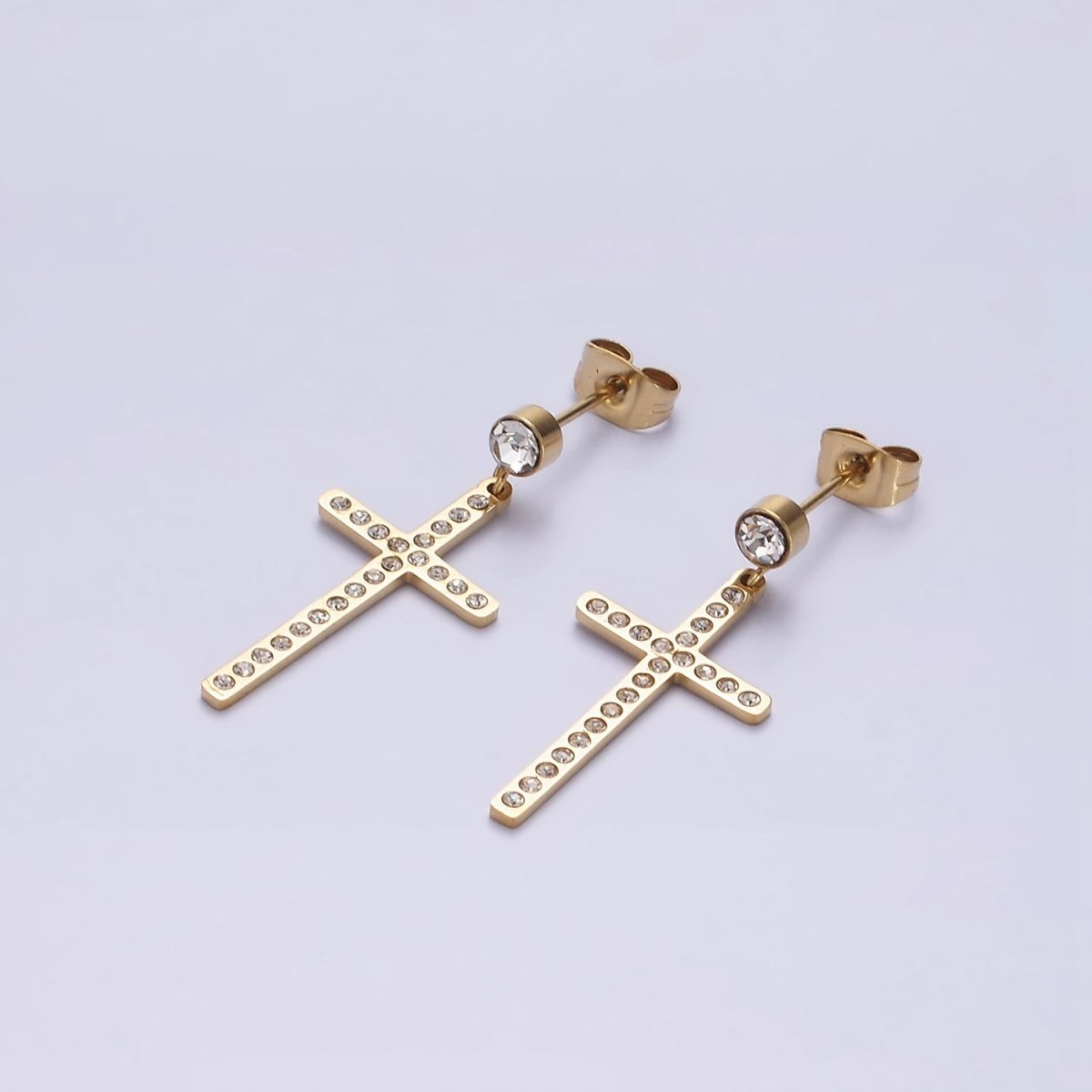 Stainless Steel Latin Cross Drop Clear CZ Stud Earrings | AE718 - DLUXCA