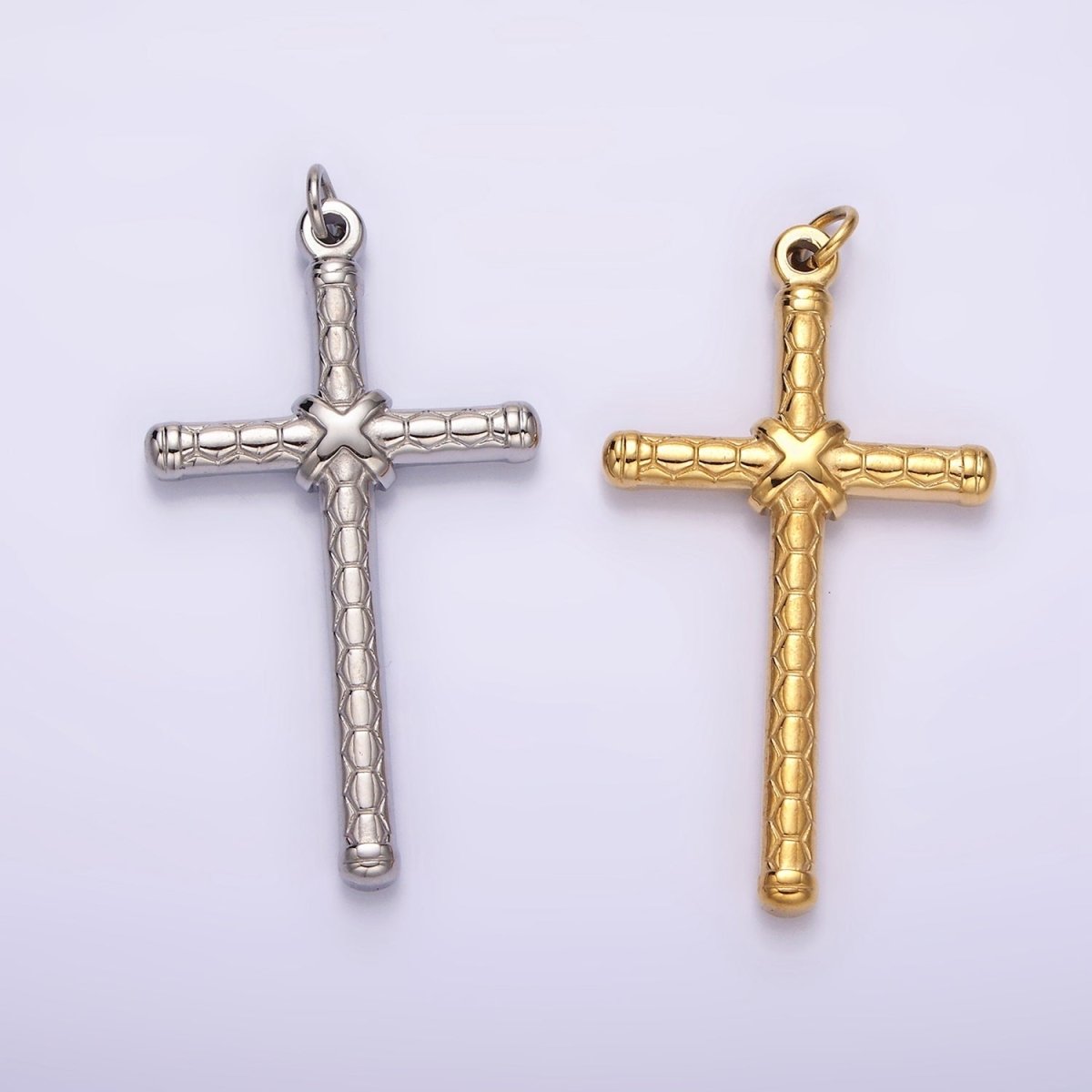 Stainless Steel Latin Cross Tied Hexagon Textured Charm in Gold & Silver | P1282 P1283 - DLUXCA