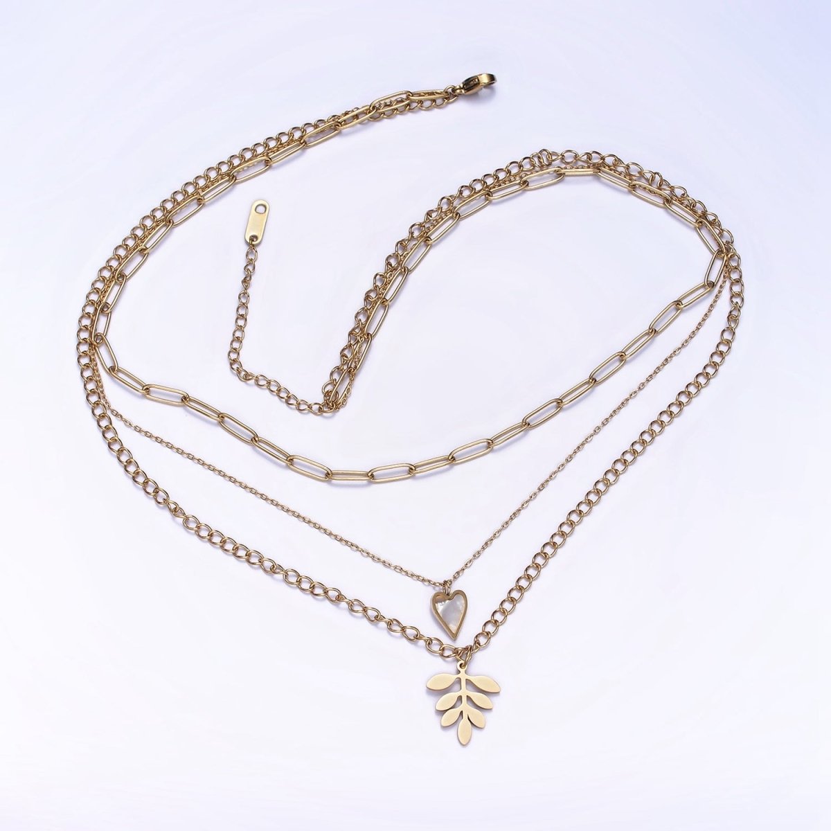 Stainless Steel Leaf Heart Shell Pearl Curb Cable Paperclip Triple Layer Stack Necklace | WA-2070 Clearance Pricing - DLUXCA