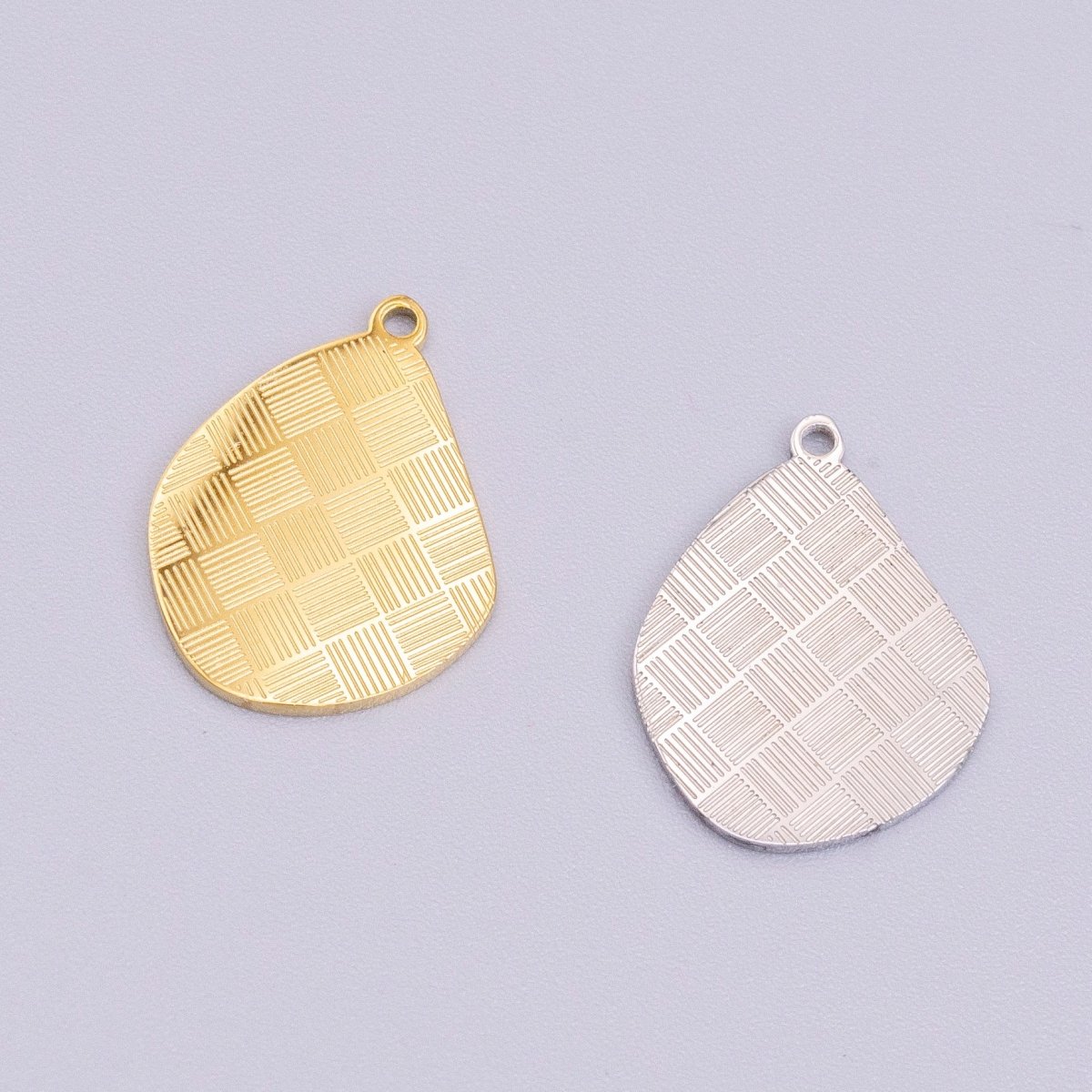 Stainless Steel Line Engraved Checkered Abstract Pear-Shaped Charm in Gold & Silver | P-918 - DLUXCA