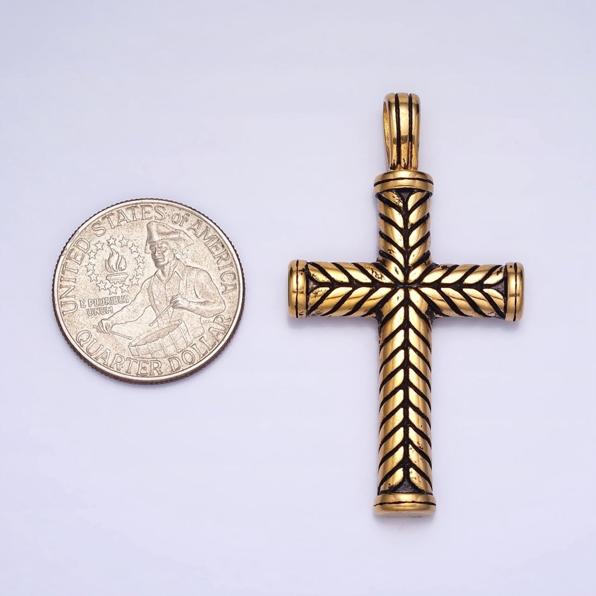 Stainless Steel Line-Engraved Religious 55mm Cross Pendant in Gold & Silver P-1144 - DLUXCA