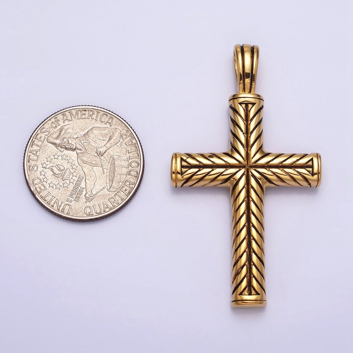 Stainless Steel Line-Engraved Religious Cross 55mm Gold Pendant | P-1162 - DLUXCA
