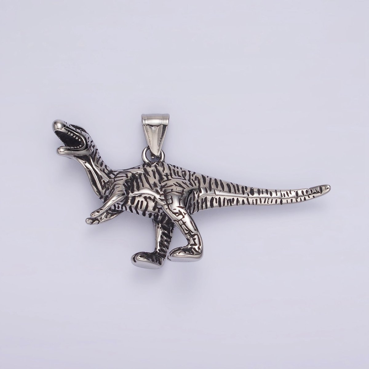 Stainless Steel Line-Textured Raptor Dinosaur Animal Pendant | P1193 - DLUXCA