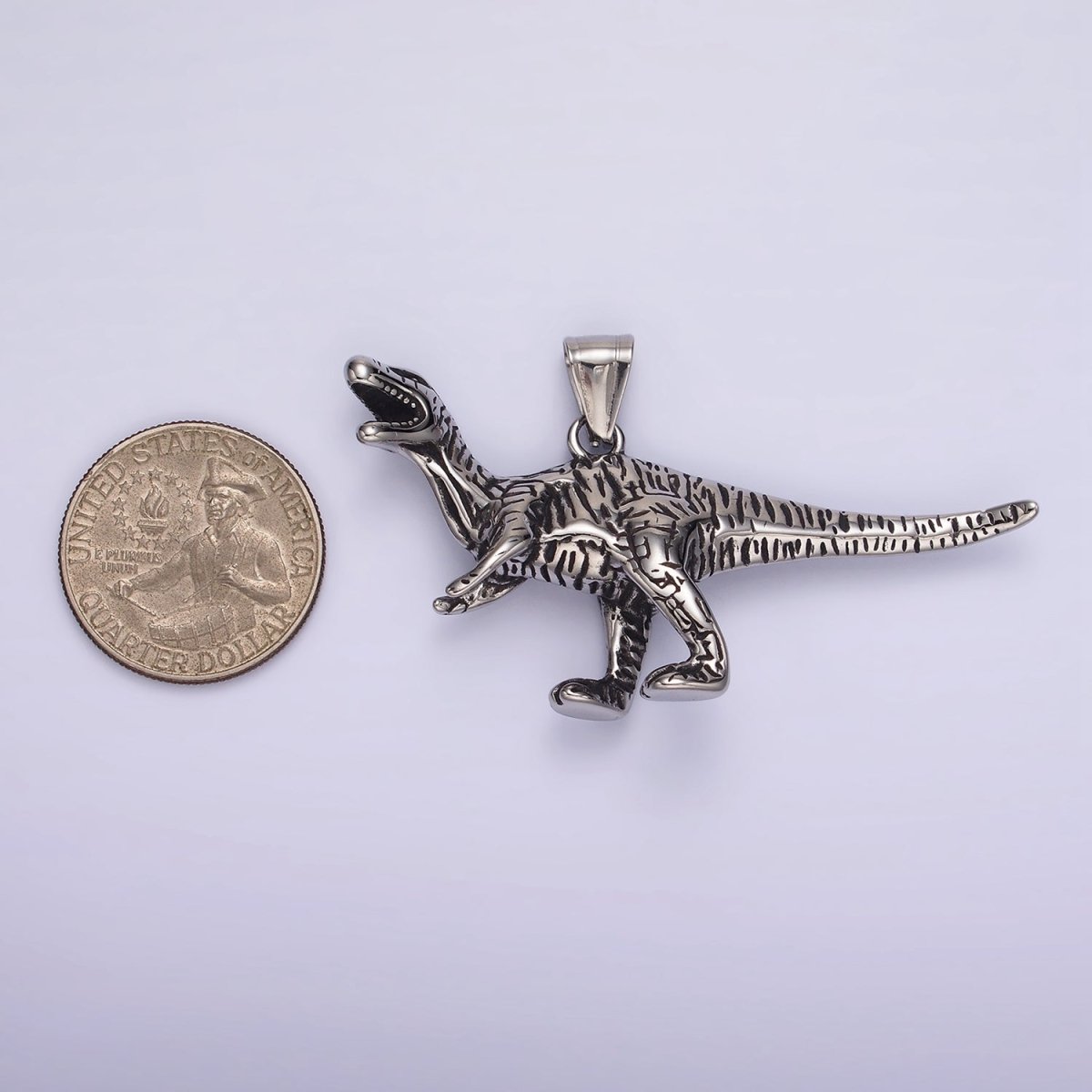 Stainless Steel Line-Textured Raptor Dinosaur Animal Pendant | P1193 - DLUXCA