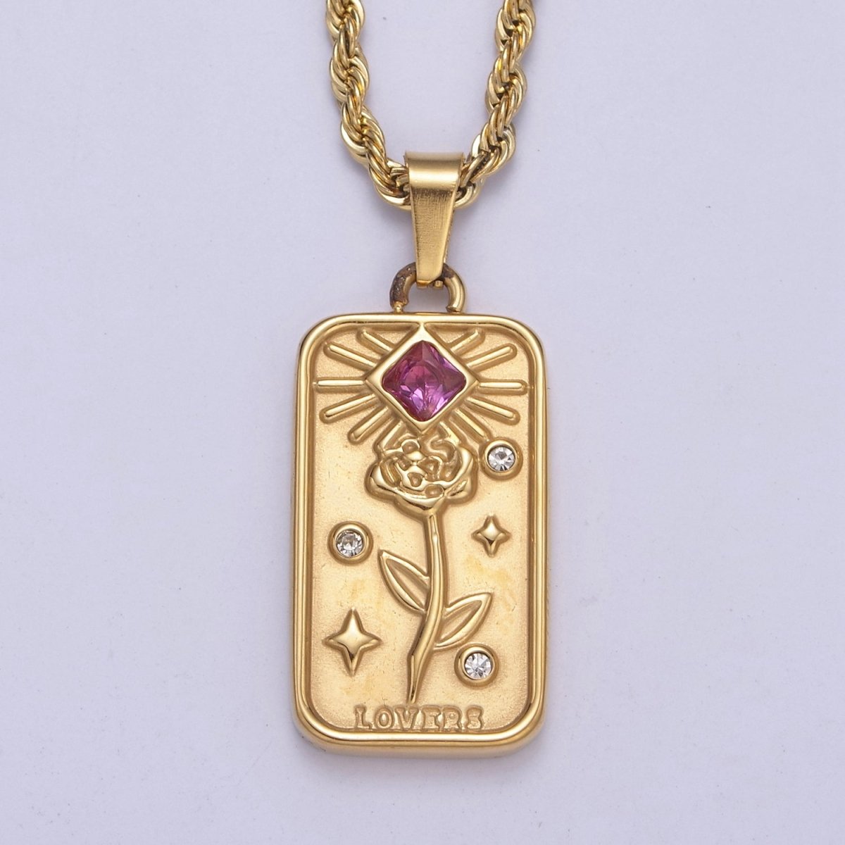 Stainless Steel "Lovers" Celestial Rose Flower Tag Tarot Rope Chain Necklace | WA-597 Clearance Pricing - DLUXCA