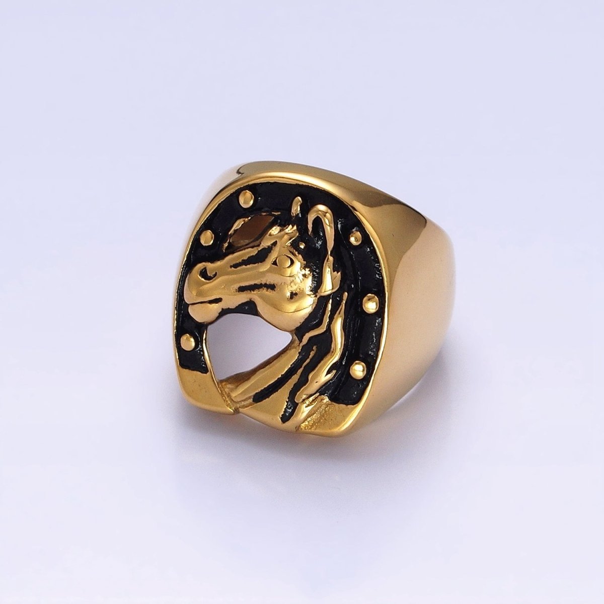 Stainless Steel Lucky Horse Shoe Animal Oval Signet Ring in Gold & Silver | O-1958 O-1959 O-1960 O-1961 - DLUXCA