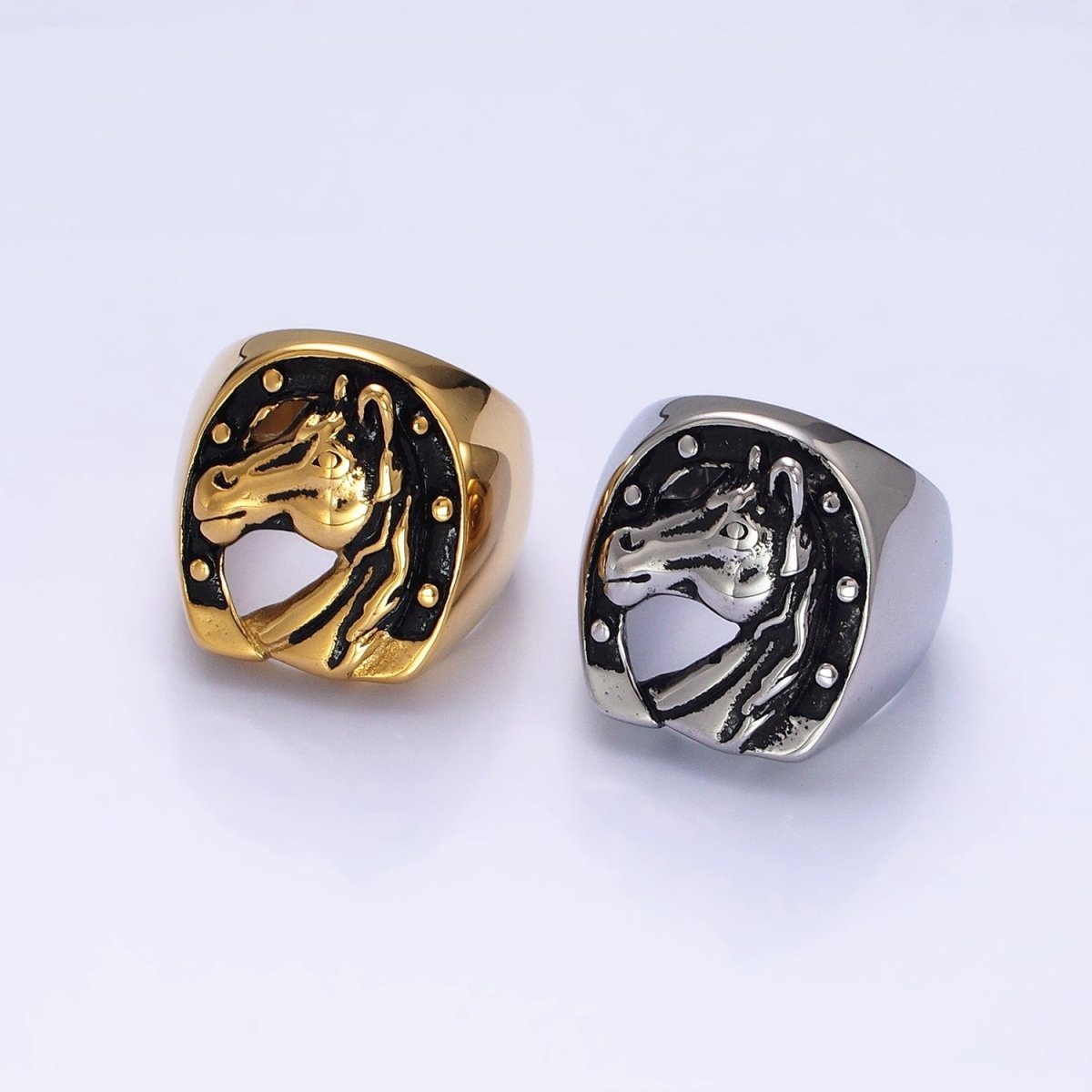 Stainless Steel Lucky Horse Shoe Animal Oval Signet Ring in Gold & Silver | O-1958 O-1959 O-1960 O-1961 - DLUXCA