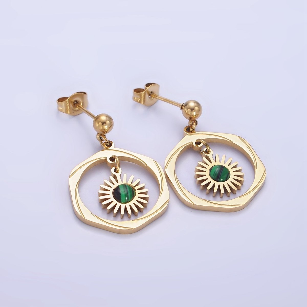 Stainless Steel Malachite, Turquoise Round Open Circular Lined Drop Stud Earrings | AE469 AE470 - DLUXCA