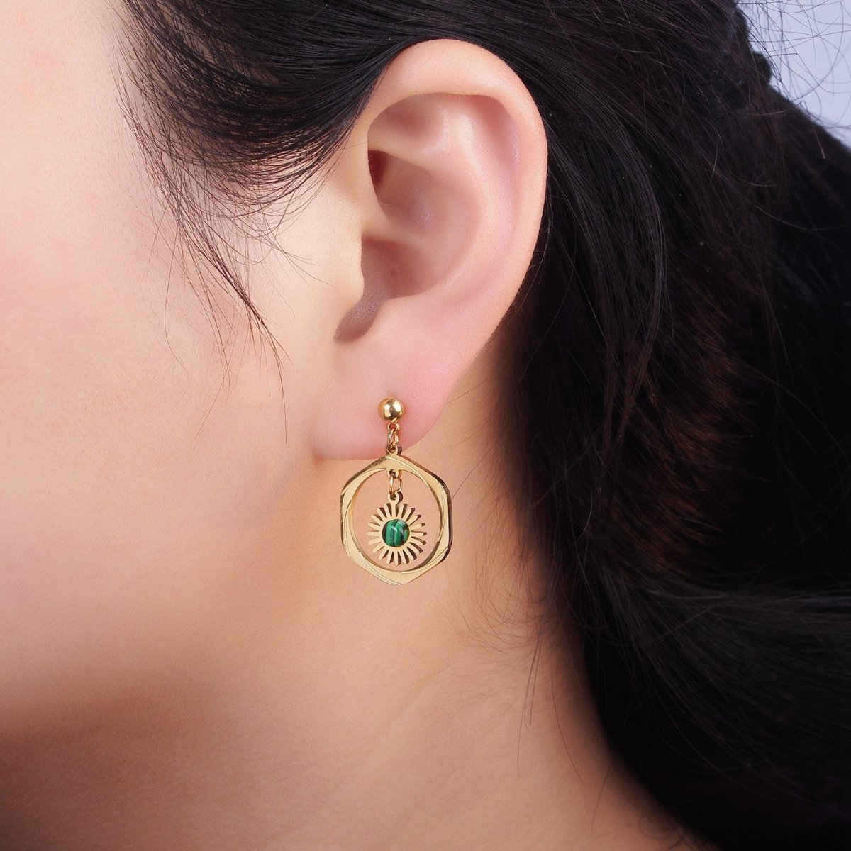 Stainless Steel Malachite, Turquoise Round Open Circular Lined Drop Stud Earrings | AE469 AE470 - DLUXCA