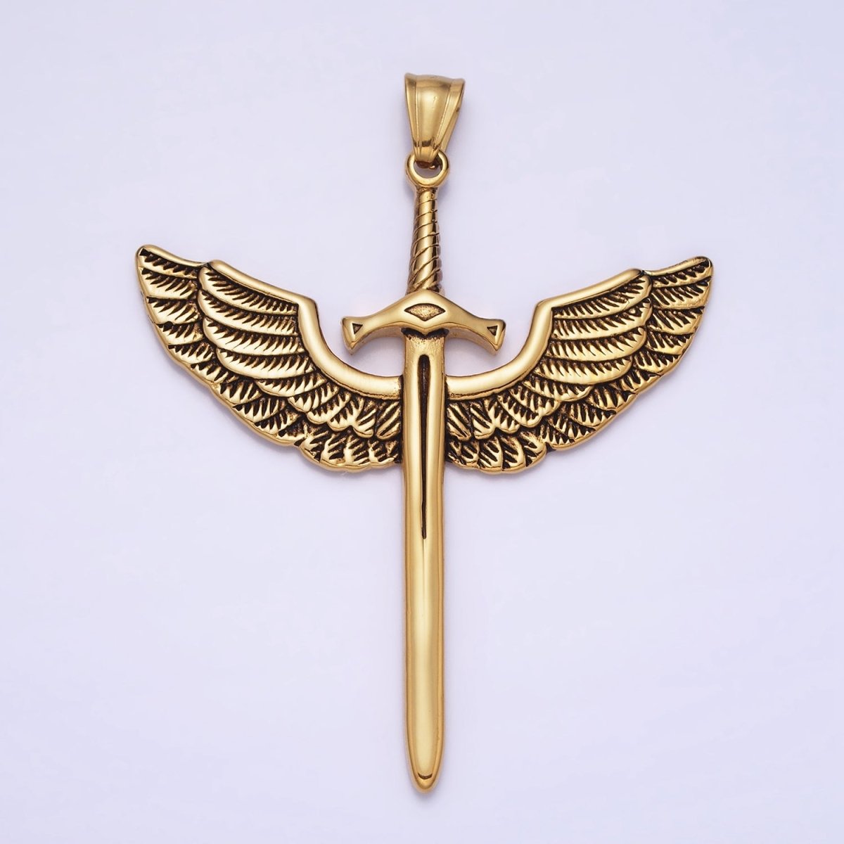 Stainless Steel Medieval Winged Sword Guardian Archangel Michael Pendant in Silver & Gold | P-1137 - DLUXCA