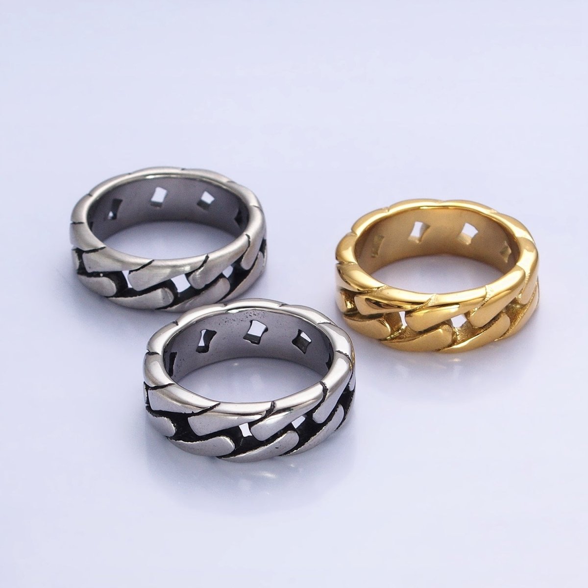 Stainless Steel Men's Flat Curb Chain Link Ring in Silver & Gold | O-1845 O-1846 O-1847 O-1848 - DLUXCA