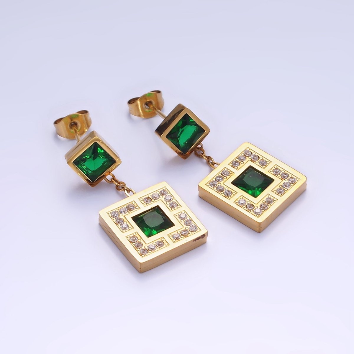 Stainless Steel Micro Paved CZ Green Square Drop Stud Earrings | AE468 - DLUXCA