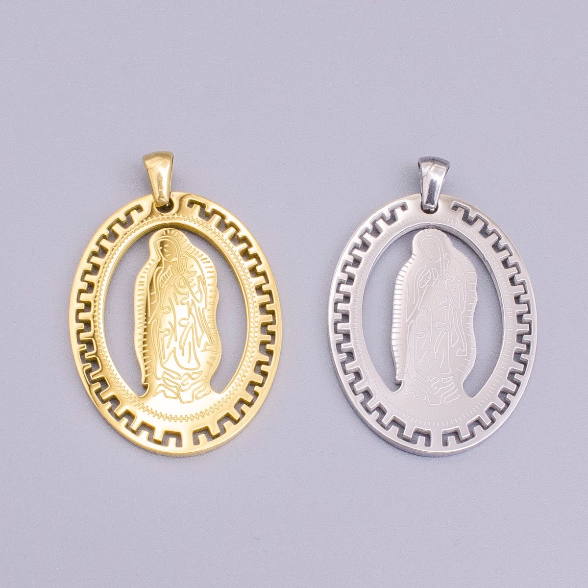 Stainless Steel Mother Mary Lady Guadalupe Engraved Open Gear Oval Pendant in Gold & Silver | P-1126 - DLUXCA