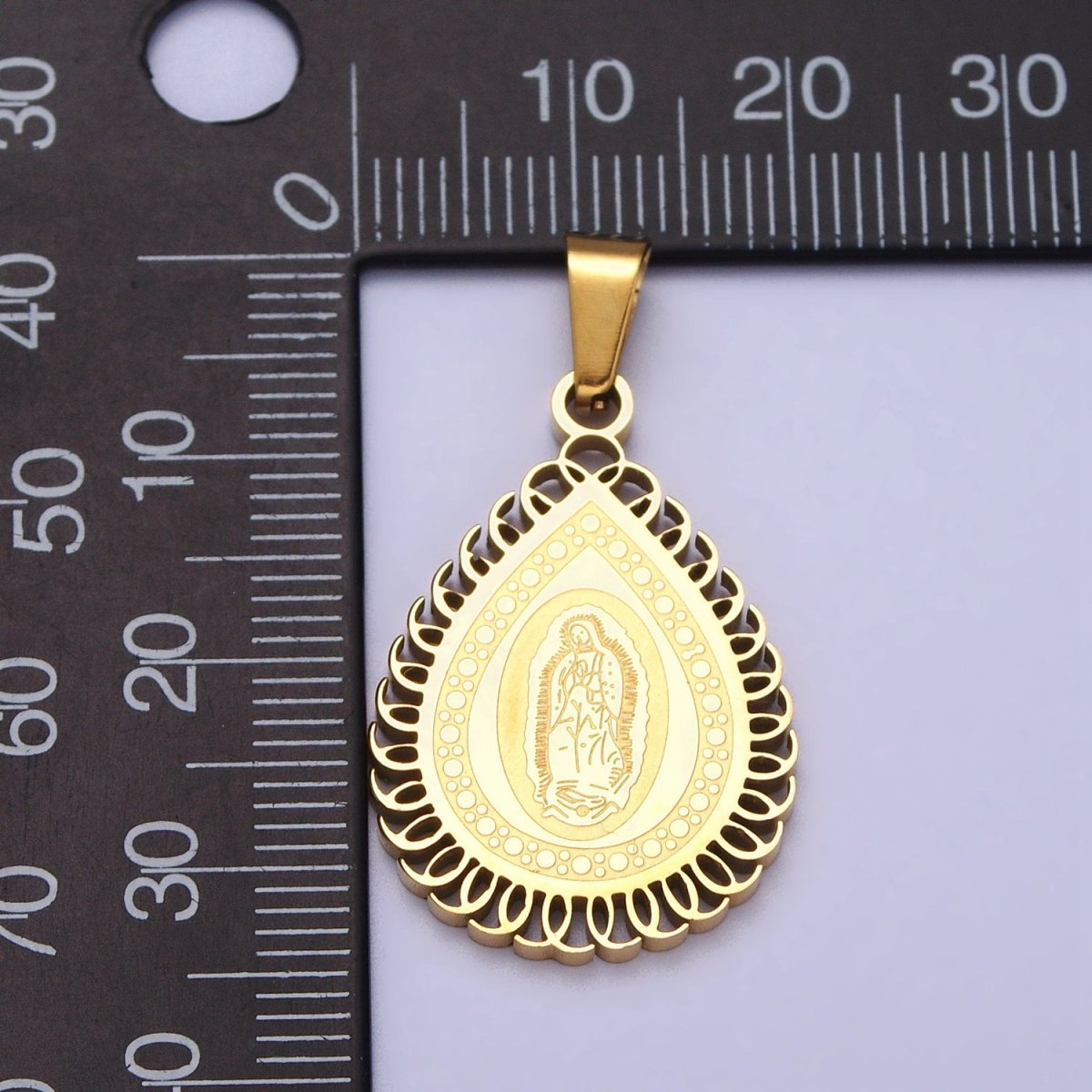 Stainless Steel Mother Mary Lady Guadalupe Engraved Teardrop Pendant in Gold & Silver J-640 J-641 - DLUXCA