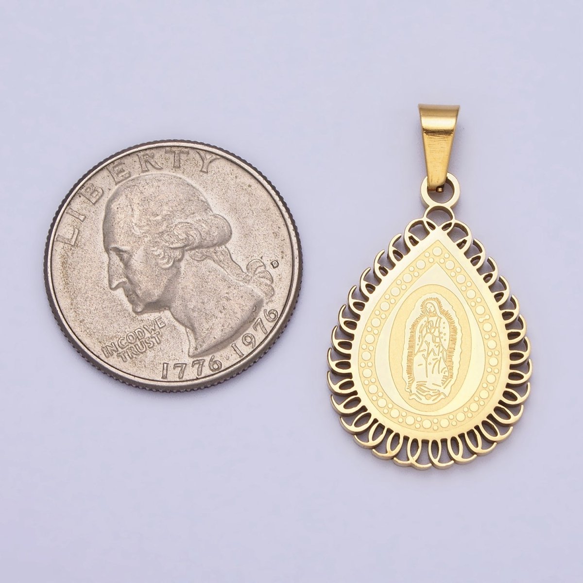 Stainless Steel Mother Mary Lady Guadalupe Engraved Teardrop Pendant in Gold & Silver J-640 J-641 - DLUXCA