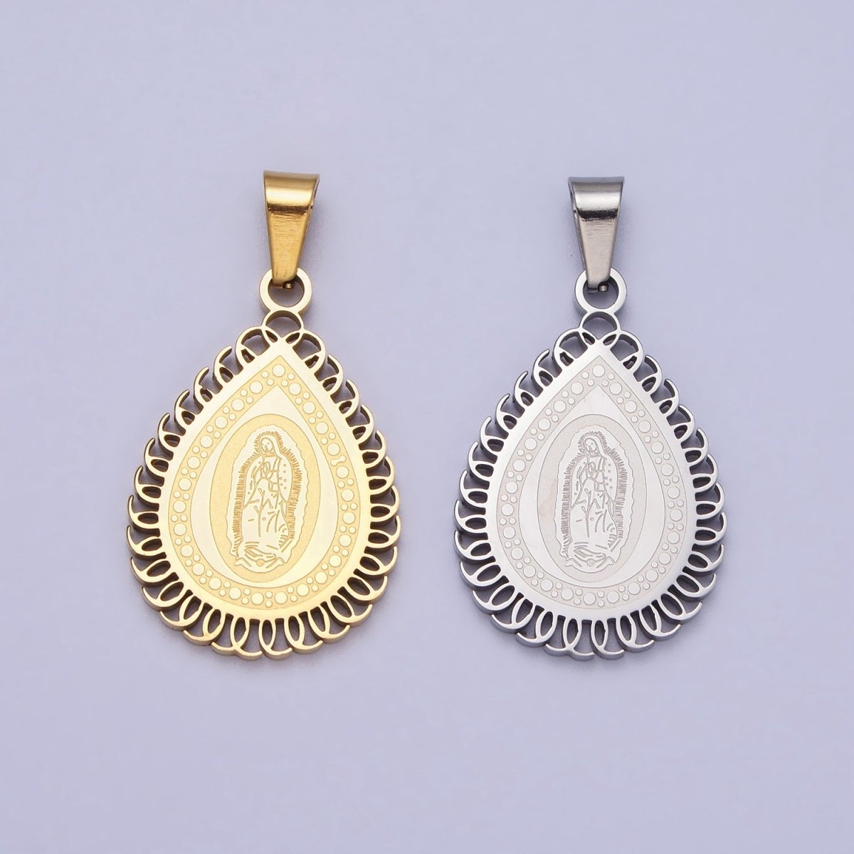 Stainless Steel Mother Mary Lady Guadalupe Engraved Teardrop Pendant in Gold & Silver J-640 J-641 - DLUXCA