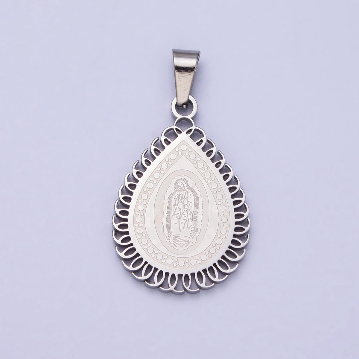 Stainless Steel Mother Mary Lady Guadalupe Engraved Teardrop Pendant in Gold & Silver J-640 J-641 - DLUXCA
