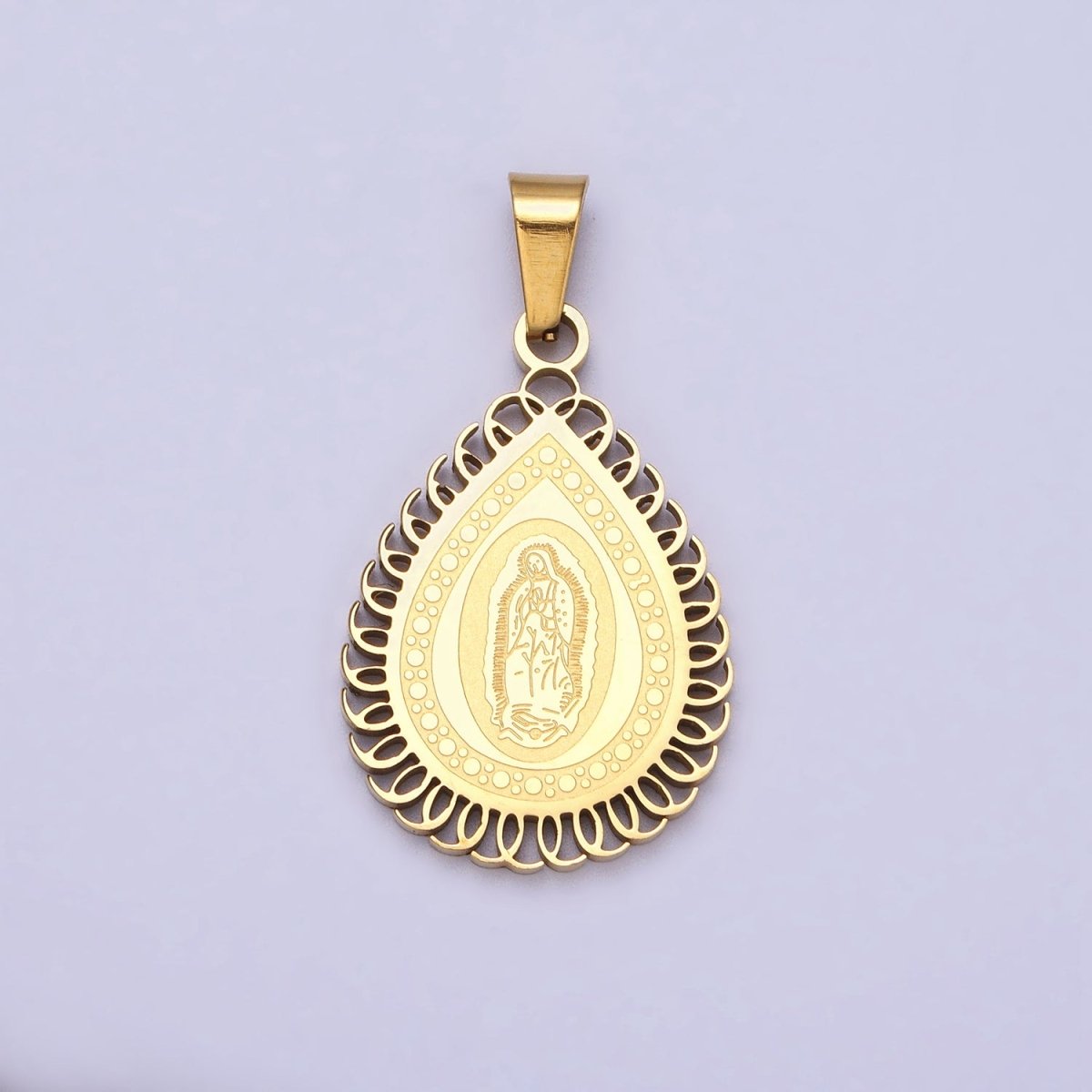 Stainless Steel Mother Mary Lady Guadalupe Engraved Teardrop Pendant in Gold & Silver J-640 J-641 - DLUXCA