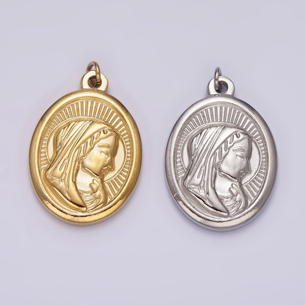 Stainless Steel Mother Mary Lady Guadalupe Portrait Sun Ray Oval Charm in Gold & Silver | P1290 P1291 - DLUXCA