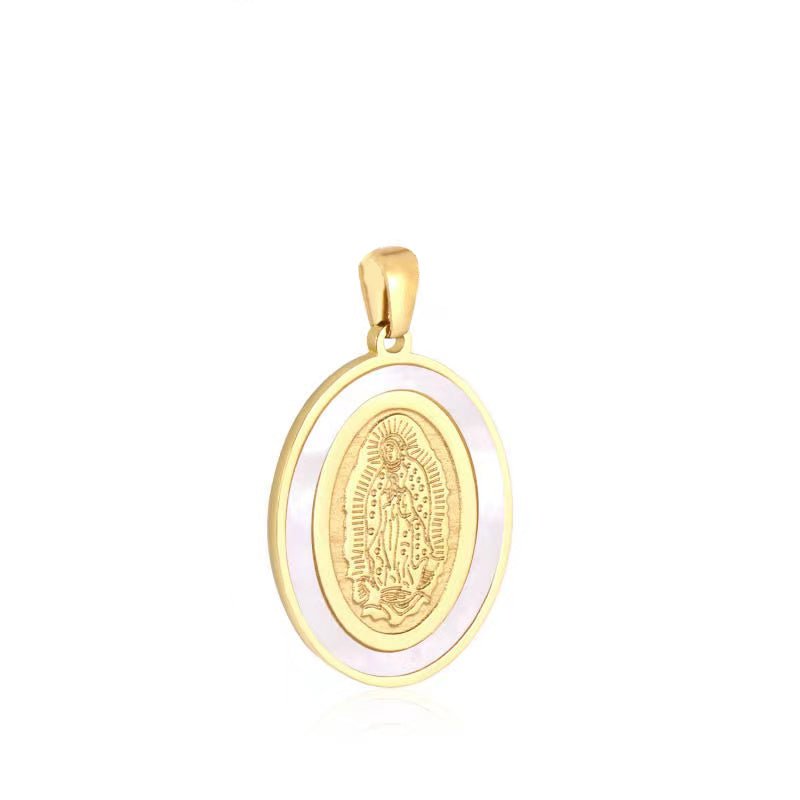 Stainless Steel Mother Virgin Mary Guadalupe Engraved Shell Pearl Oval Pendant in Gold & Silver J-745 J-748 - DLUXCA