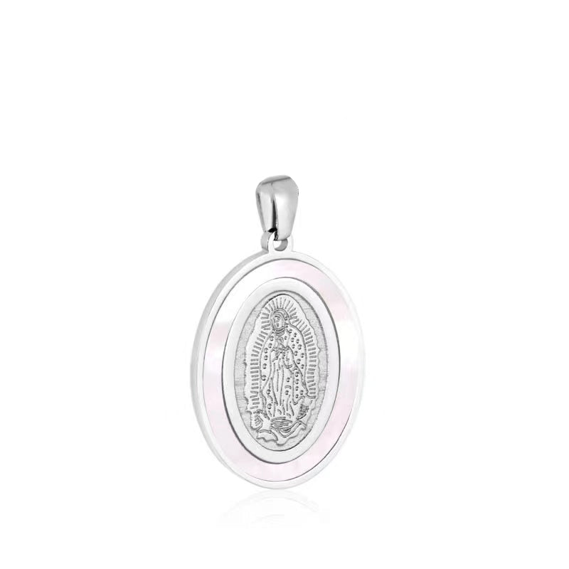 Stainless Steel Mother Virgin Mary Guadalupe Engraved Shell Pearl Oval Pendant in Gold & Silver J-745 J-748 - DLUXCA