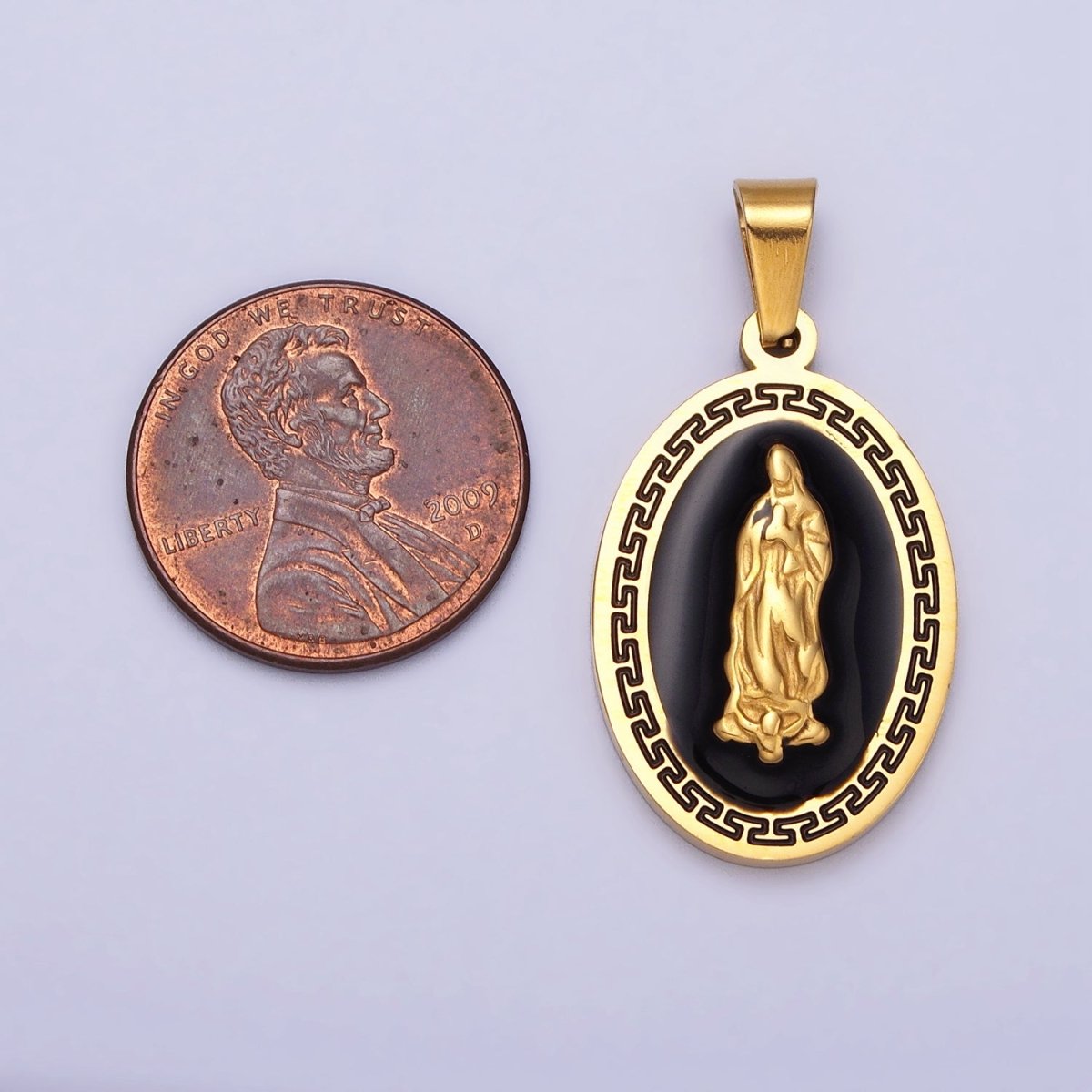 Stainless Steel Mother Virgin Mary Lady Guadalupe Black Enamel Oval Pendant in Gold & Silver J-619 J-625 - DLUXCA