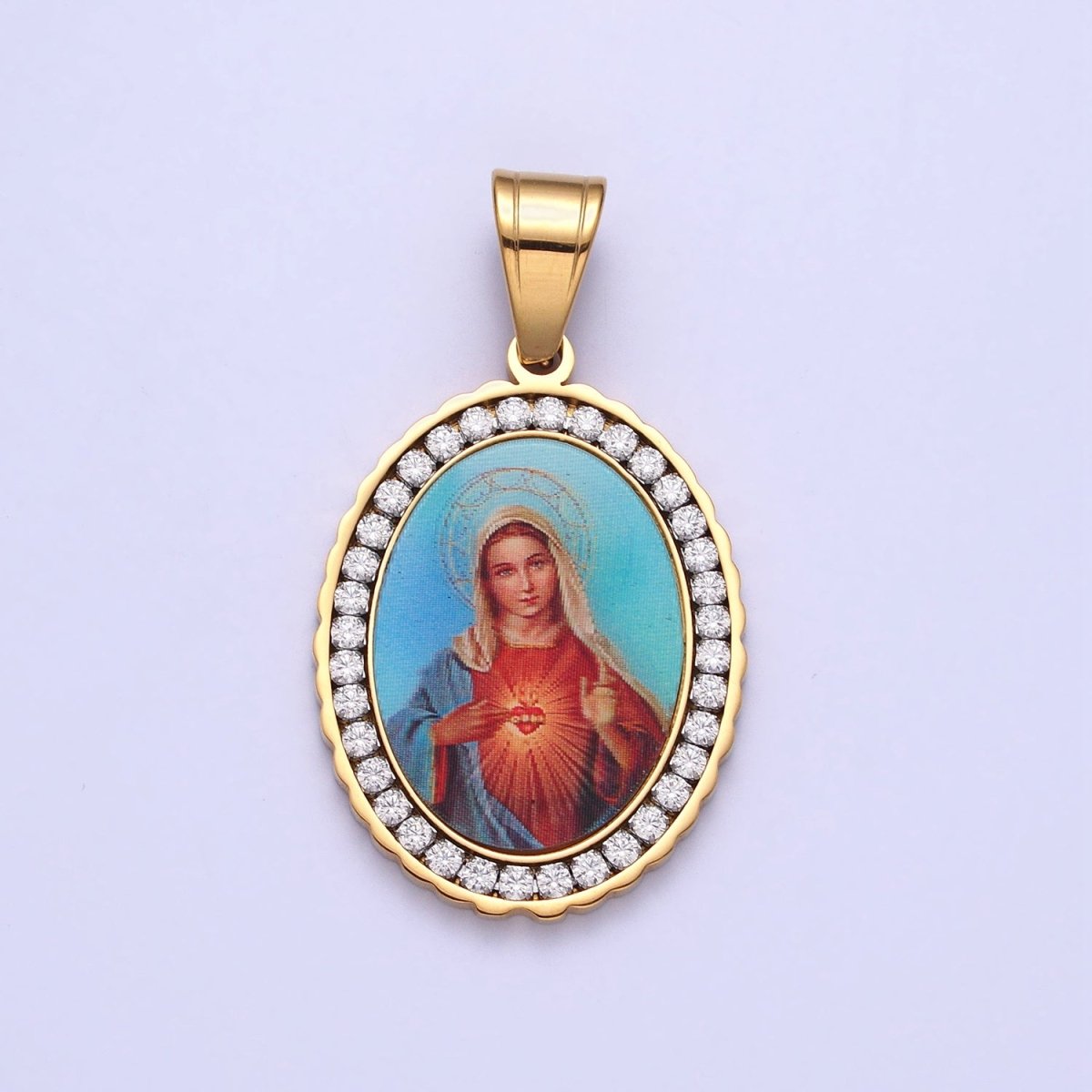 Stainless Steel Mother Virgin Mary Sacred Heart Micro Paved CZ Oval Pendant in Gold & Silver Religious Jewelry J-778 J-779 - DLUXCA