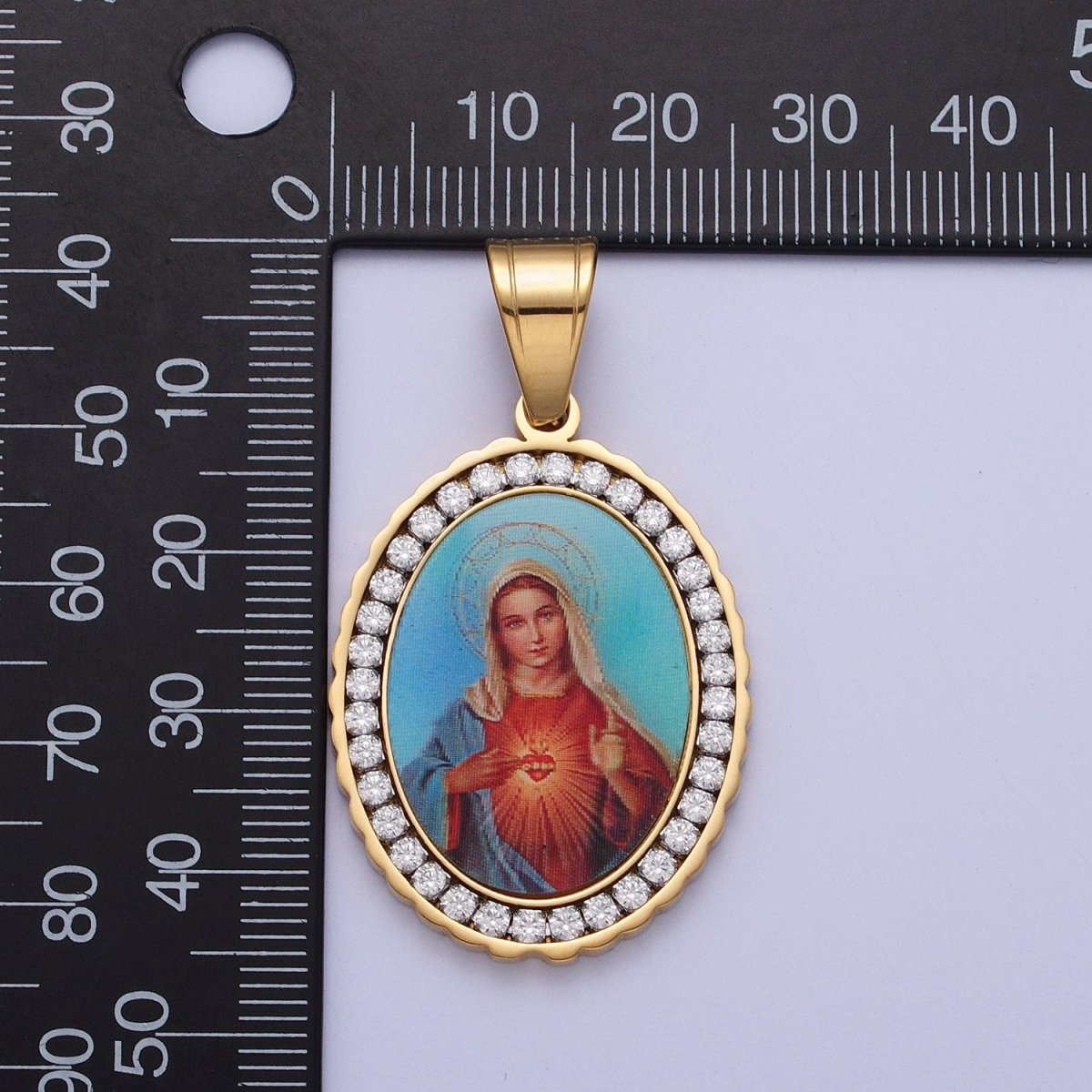 Stainless Steel Mother Virgin Mary Sacred Heart Micro Paved CZ Oval Pendant in Gold & Silver Religious Jewelry J-778 J-779 - DLUXCA