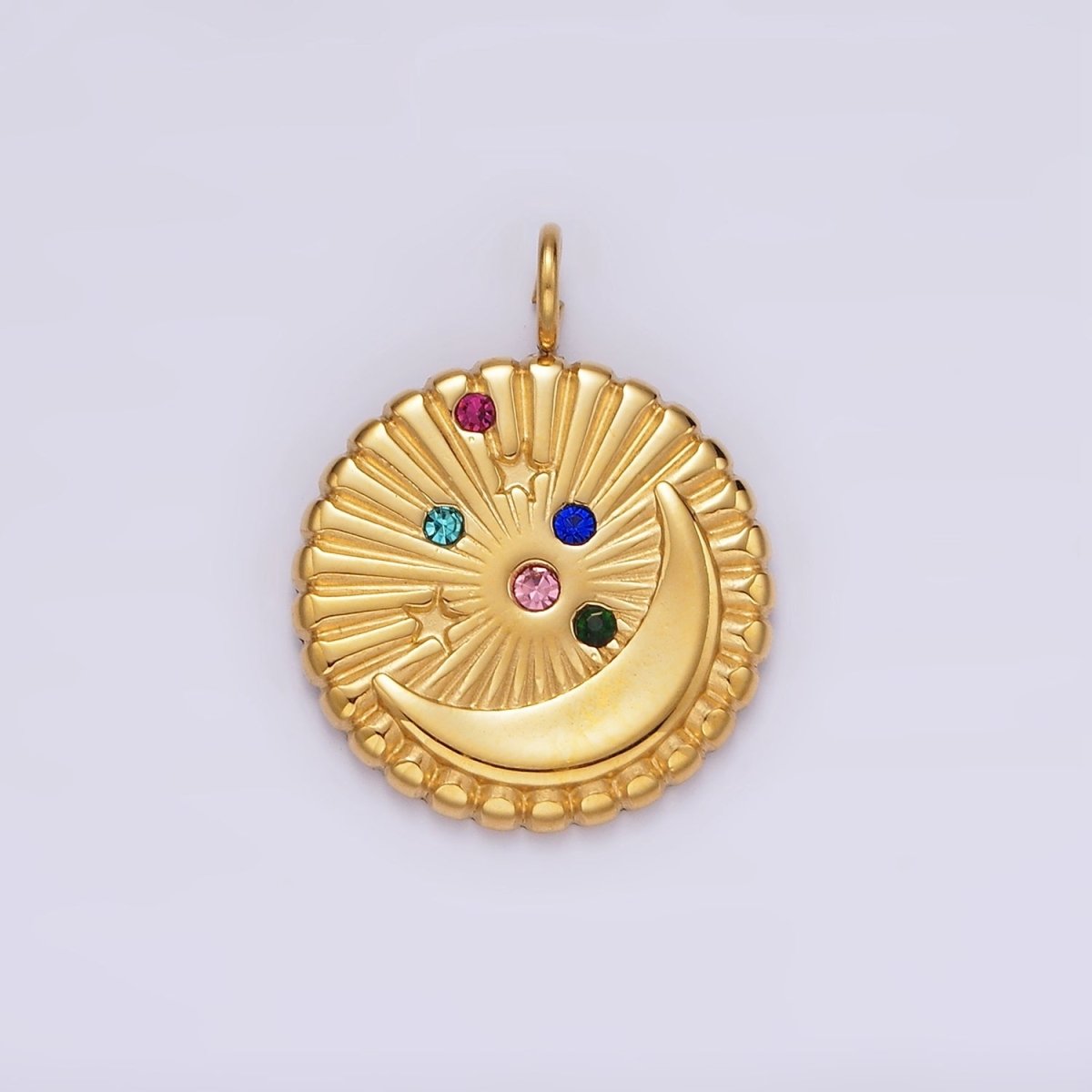 Stainless Steel Multicolor CZ Celestial Crescent Moon Star Sunburst Round Charm in Gold & Silver | P1279 P1280 - DLUXCA