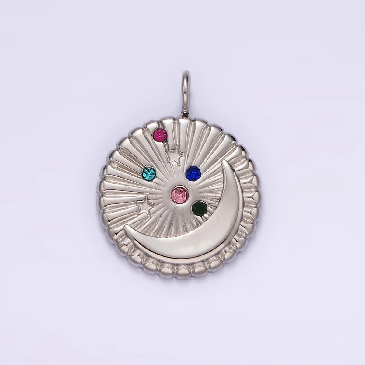 Stainless Steel Multicolor CZ Celestial Crescent Moon Star Sunburst Round Charm in Gold & Silver | P1279 P1280 - DLUXCA