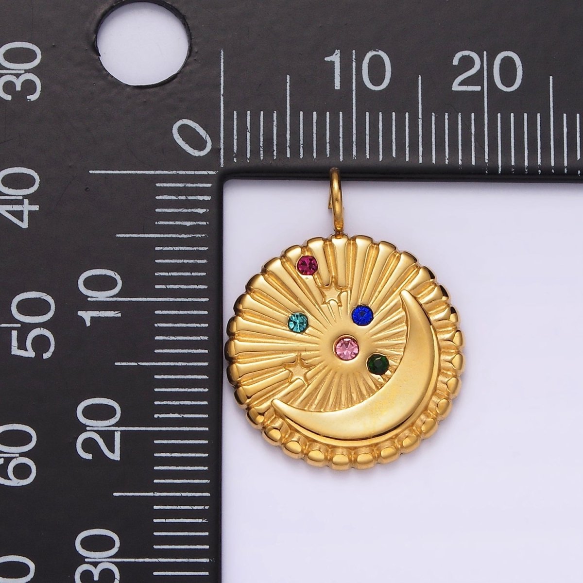 Stainless Steel Multicolor CZ Celestial Crescent Moon Star Sunburst Round Charm in Gold & Silver | P1279 P1280 - DLUXCA