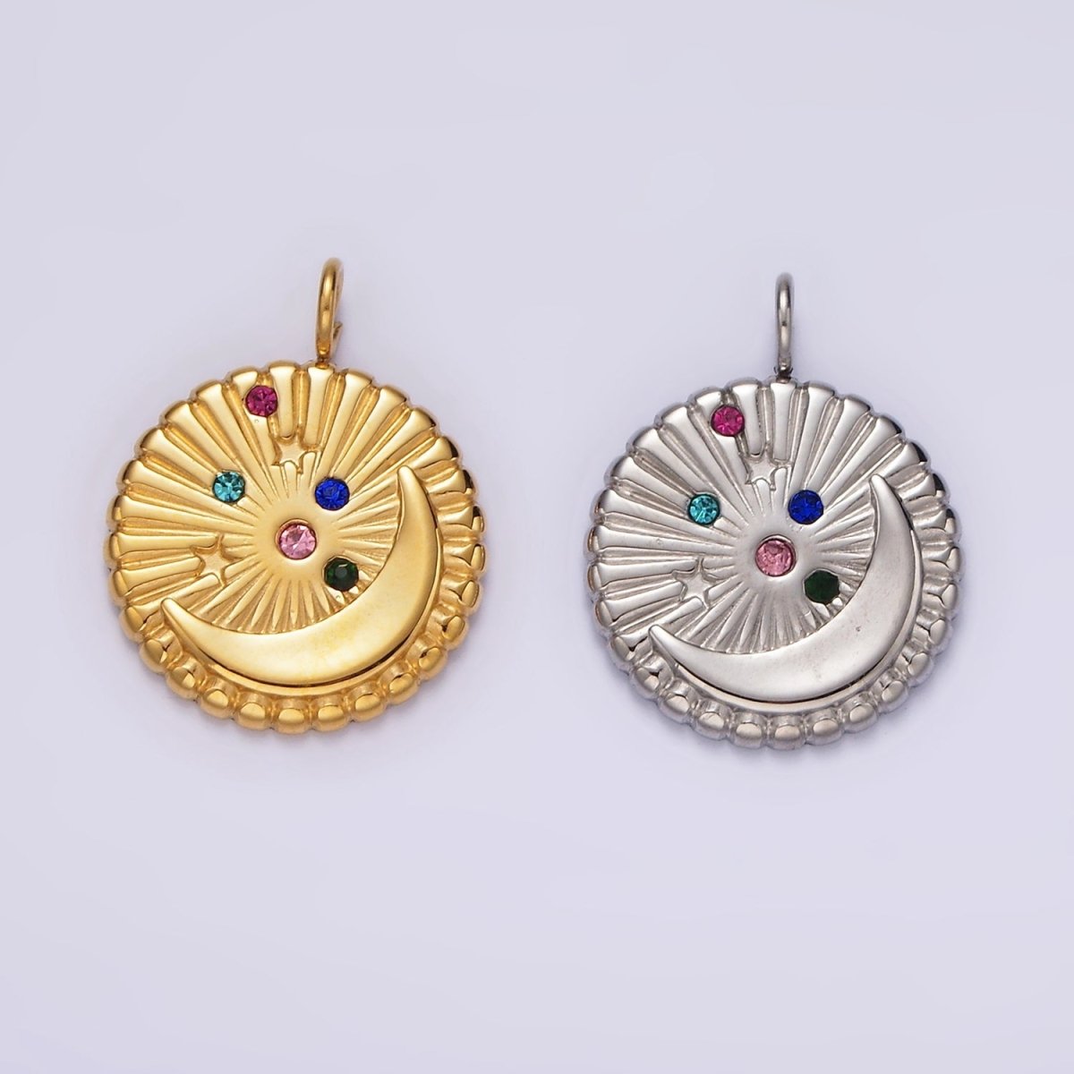 Stainless Steel Multicolor CZ Celestial Crescent Moon Star Sunburst Round Charm in Gold & Silver | P1279 P1280 - DLUXCA