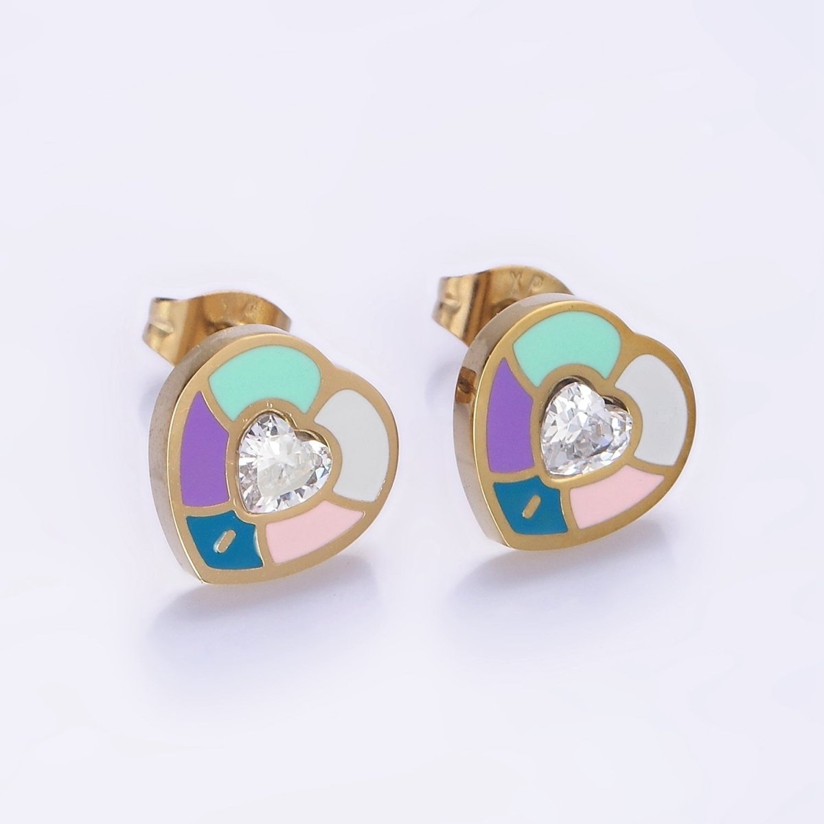 Stainless Steel Multicolor Enamel CZ Heart Stud Earrings | V502 - DLUXCA