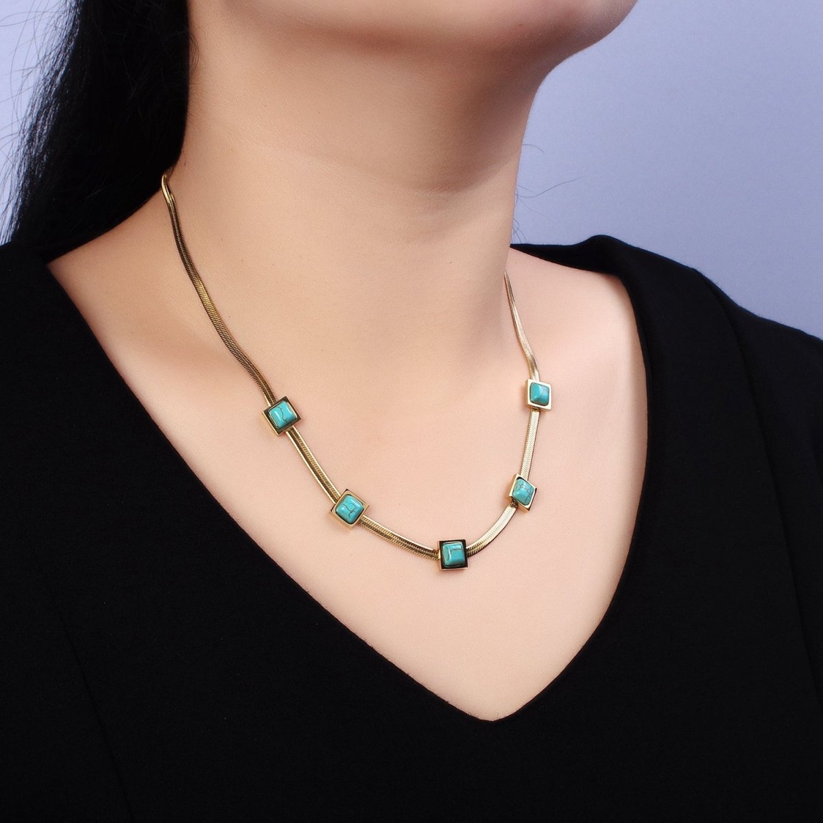 Stainless Steel Natural Square Turquoise Gemstone 3mm Snake Herringbone 16 Inch Choker Geometric Necklace | WA-1629 Clearance Pricing - DLUXCA