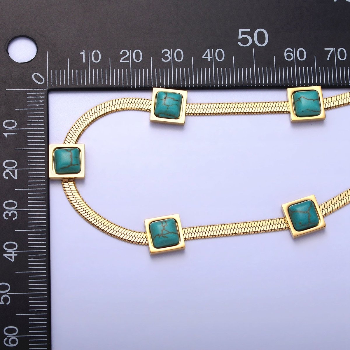Stainless Steel Natural Square Turquoise Gemstone 3mm Snake Herringbone 16 Inch Choker Geometric Necklace | WA-1629 Clearance Pricing - DLUXCA