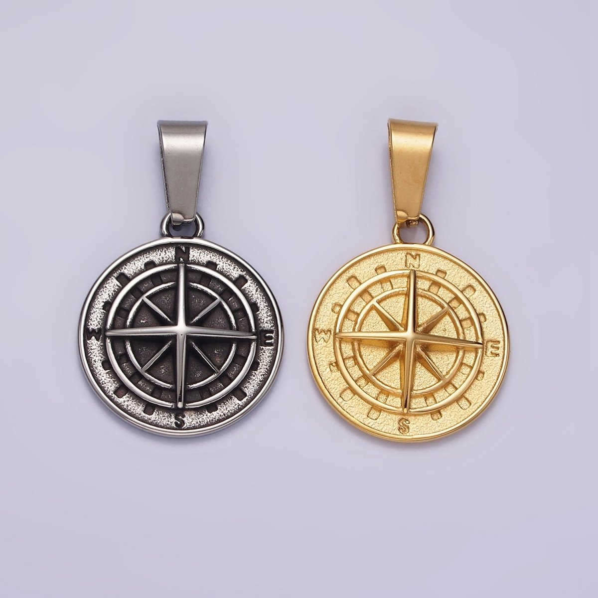 Stainless Steel Nautical Compass Round Medallion Pendant in Silver & Gold | P-762 P-763 - DLUXCA