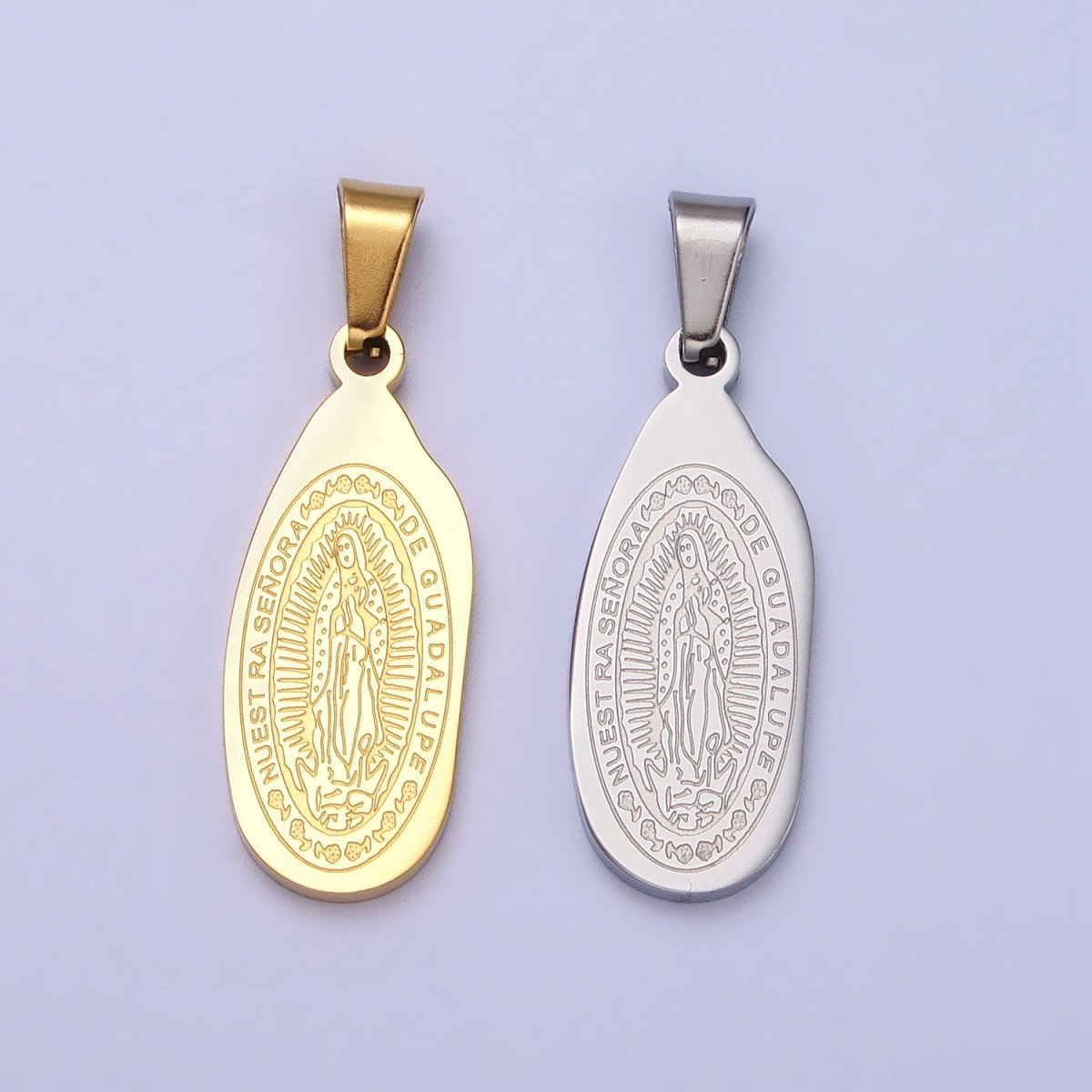 Stainless Steel Nuestra Señora De Guadalupe Engraved Abstract Oval Pendant in Gold & Silver J-613 J-618 - DLUXCA