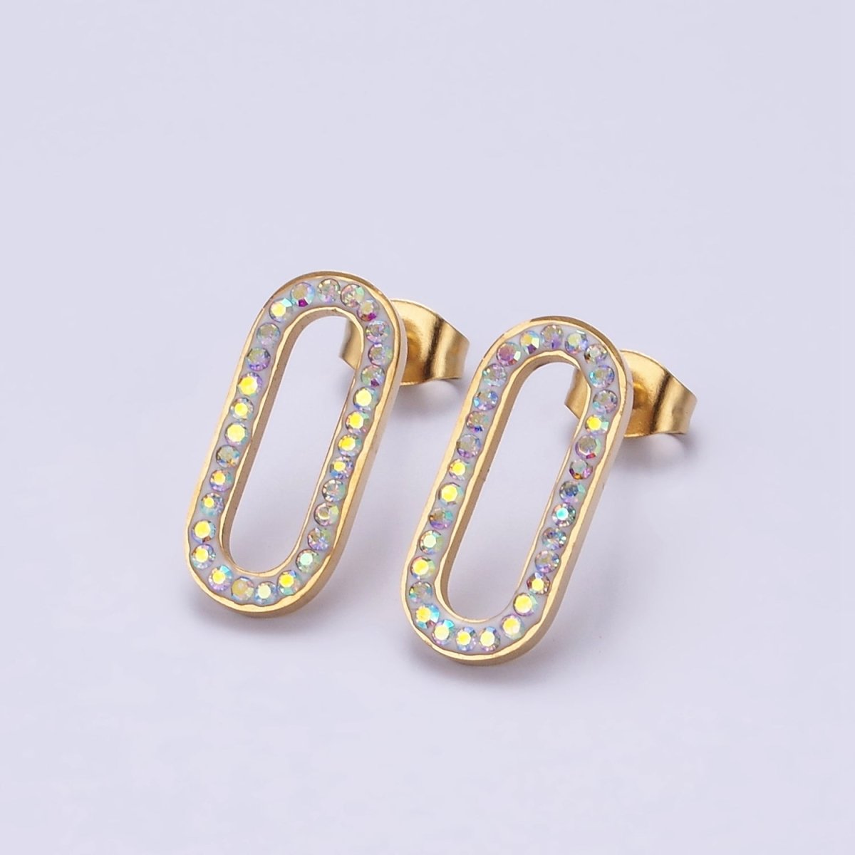 Stainless Steel Oblong Paperclip Link Iridescent CZ Lined Stud Earrings | AE734 - DLUXCA