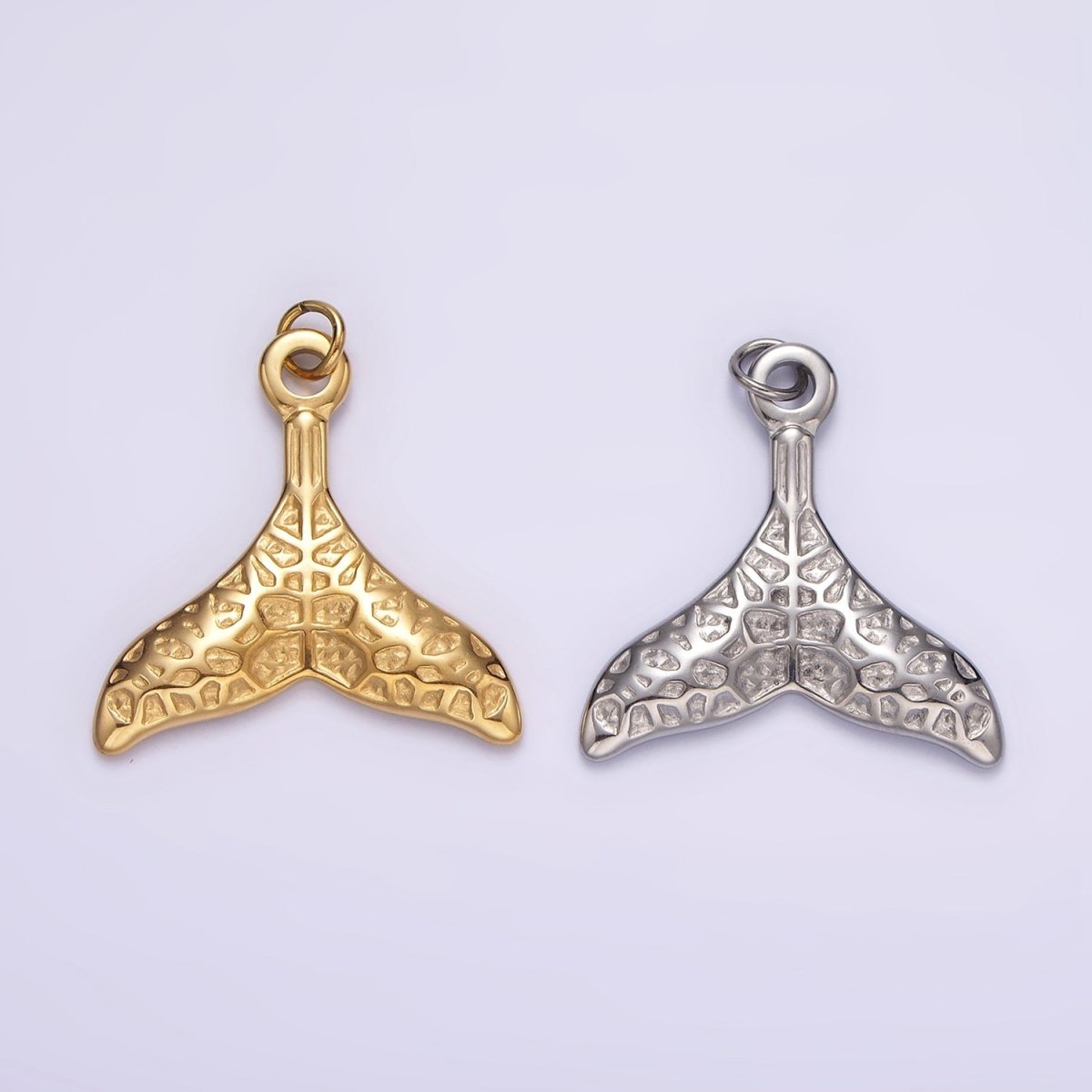 Stainless Steel Ocean Animal Whale Tail Textured Charm in Gold & Silver | P1267 P1268 - DLUXCA